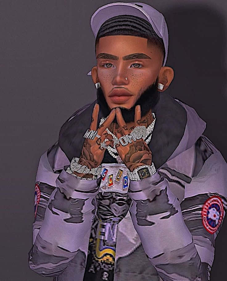 imvu 桌布 壁紙 — 一個風格化的數碼肖像，描繪一位帶有紋身和珠寶的年輕男子，穿著紫色外套在深色背景前自信地擺姿勢。
