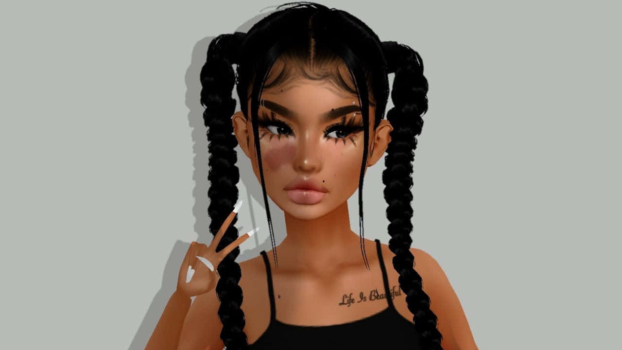 imvu 桌布 壁紙 — 一個風格化的數碼肖像，描繪一位年輕女性，擁有粗辮子和胸口紋身，背景簡潔。
