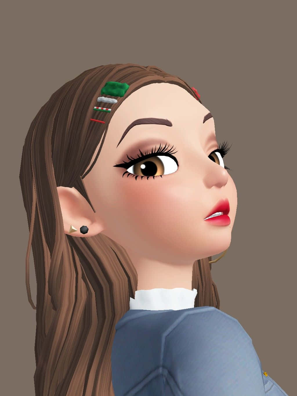 Zepeto 桌布 壁紙 — 一個風格化的數碼肖像，描繪一位年輕女性，長長棕色頭髮，眼神充滿表情，回頭凝望。