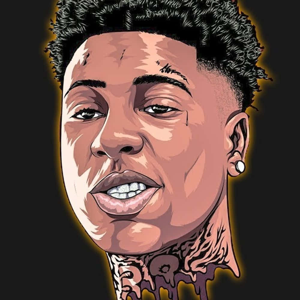 Quando Rondo 桌布 壁紙 — 一個風格化的數碼肖像，描繪一位年輕男子，擁有捲曲頭髮和頸部紋身，在黑暗背景中發光。