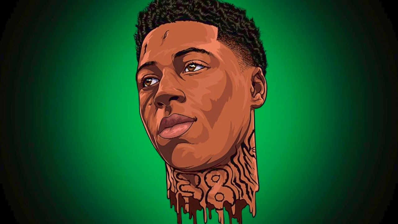NBA YoungBoy 桌布 壁紙 — 一個風格化的數碼肖像，描繪一位年輕黑人男性，頸部有複雜的紋身滴落，背景是充滿活力的綠色漸變。