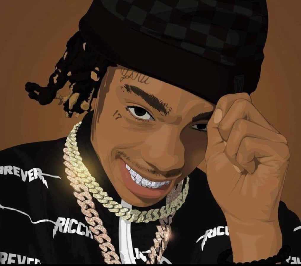 Ynw Melly Cartoon 桌布 壁紙 — 一個風格化的數碼肖像，描繪一位微笑的男子，梳著辮子、戴格仔帽，佩戴粗金鏈，身穿品牌黑色襯衫。