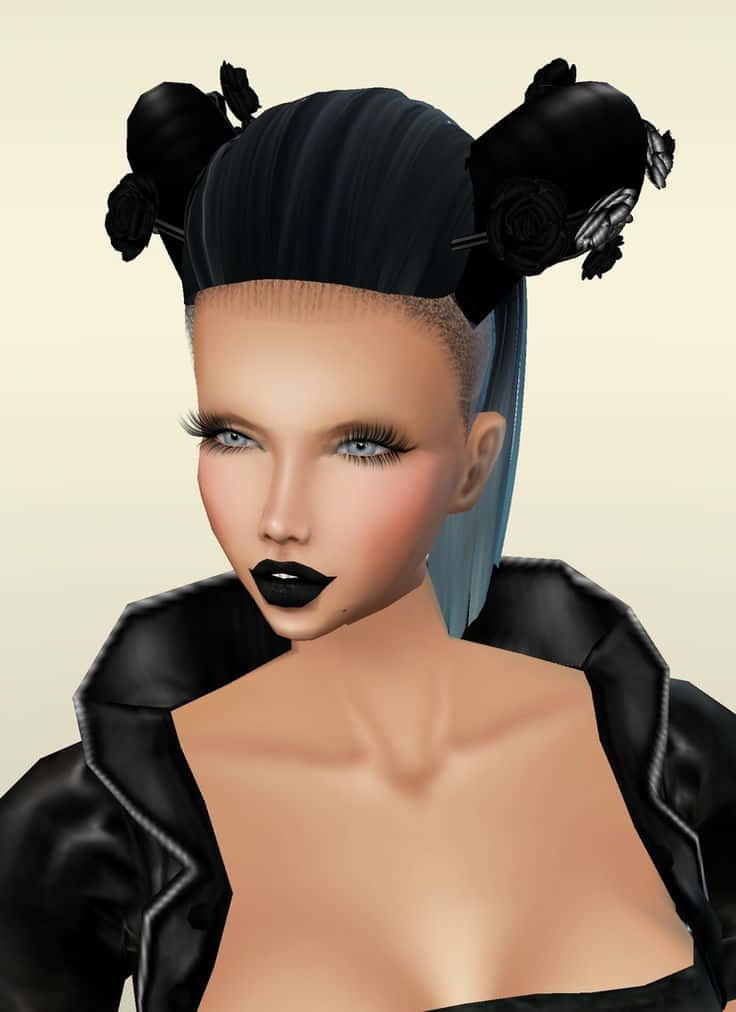 imvu 桌布 壁紙 — 一個風格化的數碼肖像，描繪一位擁有黑色玫瑰髮髻和大膽黑色唇膏、身穿皮夾克的女性。