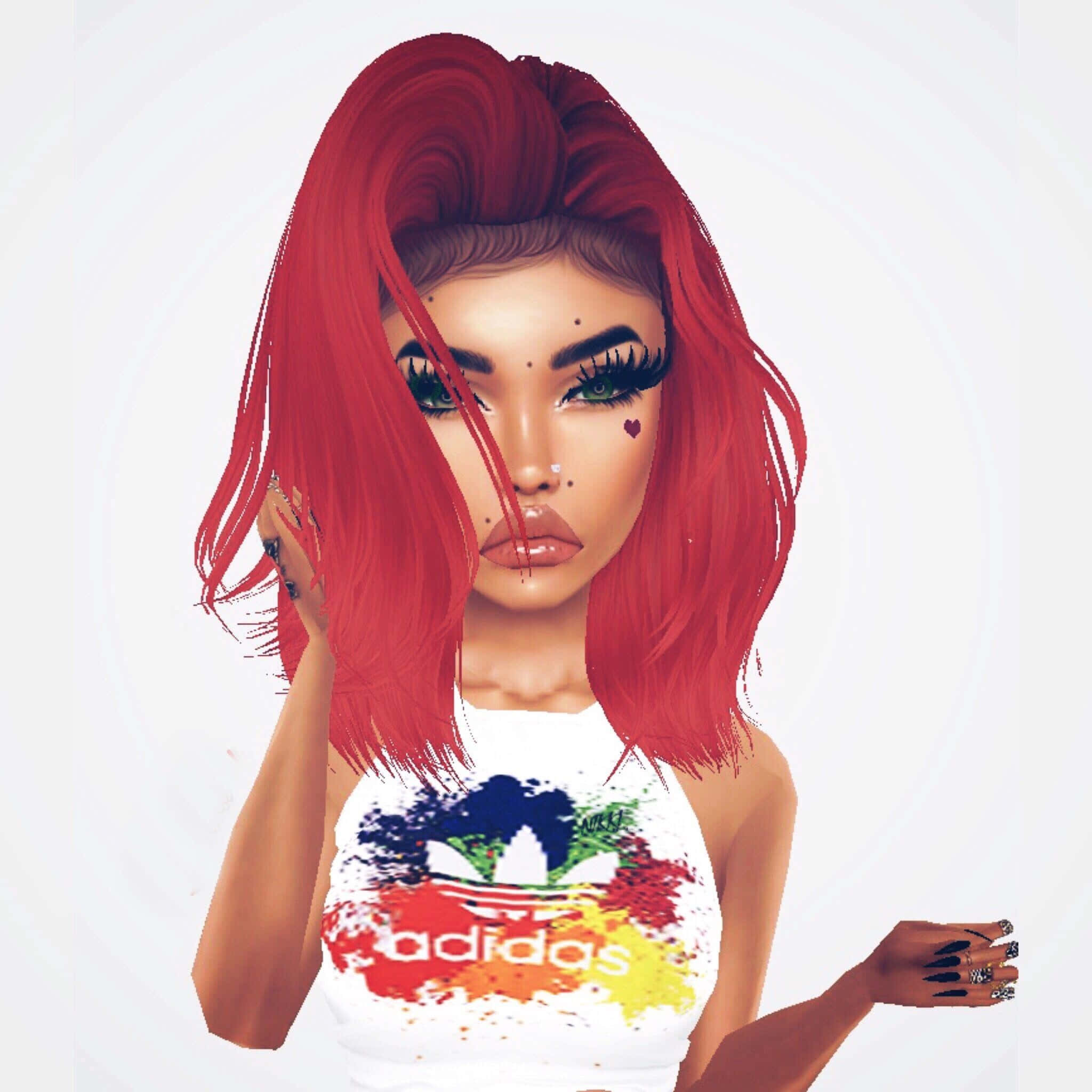 imvu 桌布 壁紙 — 一個風格化的數碼肖像，描繪一位擁有鮮豔紅髮和誇張妝容的女性，身穿色彩繽紛的Adidas背心。