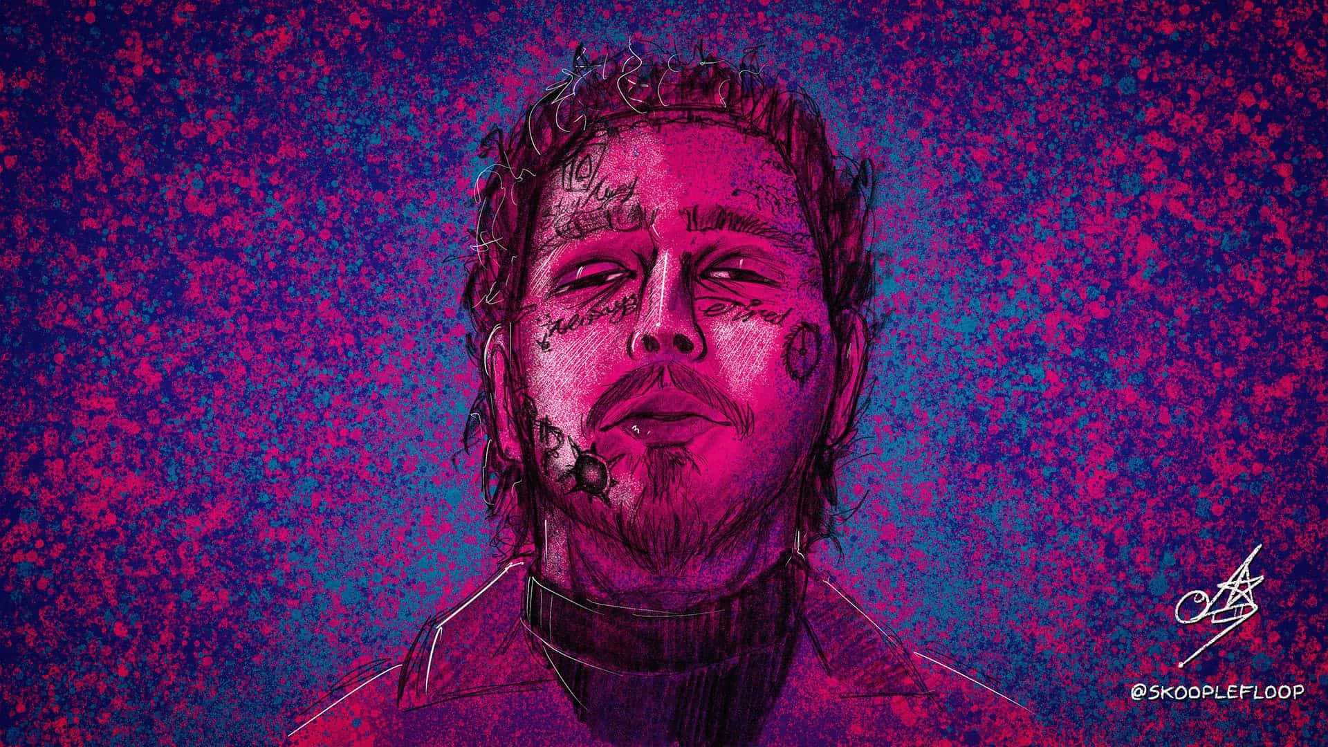 Post Malone 桌布 壁紙 — 一個風格化的數碼肖像，描繪一位有紋身和山羊鬍子的男士，背景是充滿活力的紫色和藍色斑點。