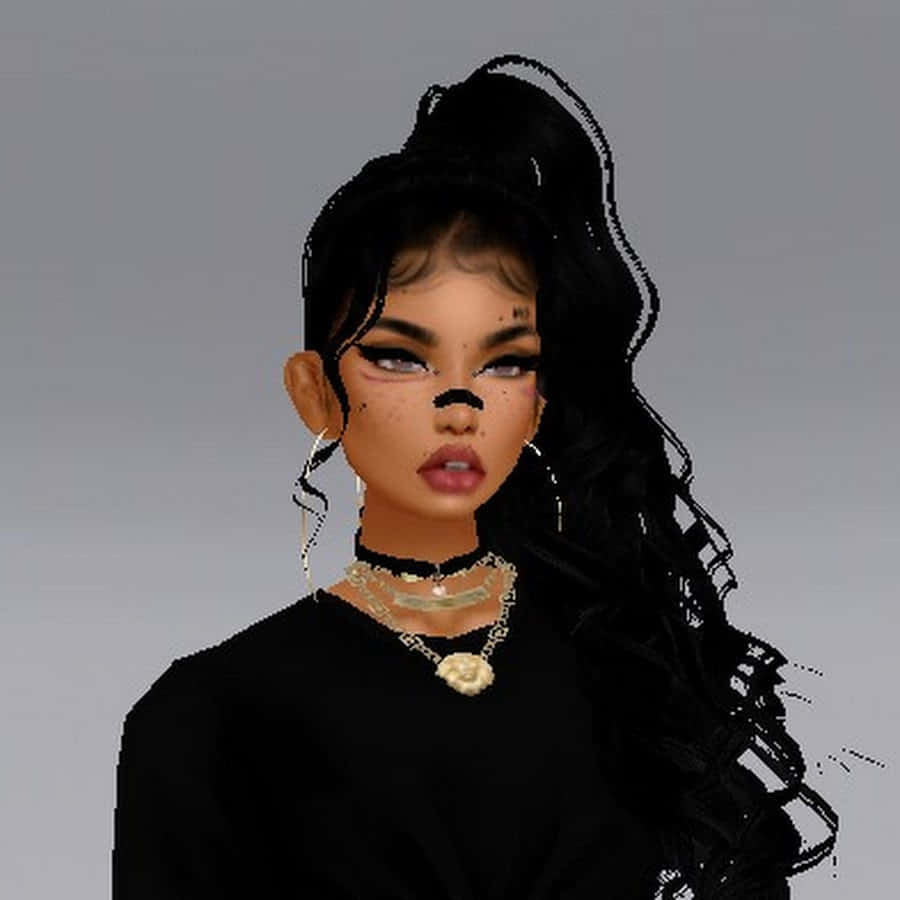 imvu 桌布 壁紙 — 一個風格化的數碼肖像，描繪一位深色頭髮、妝容大膽的女性，背景為純灰色。