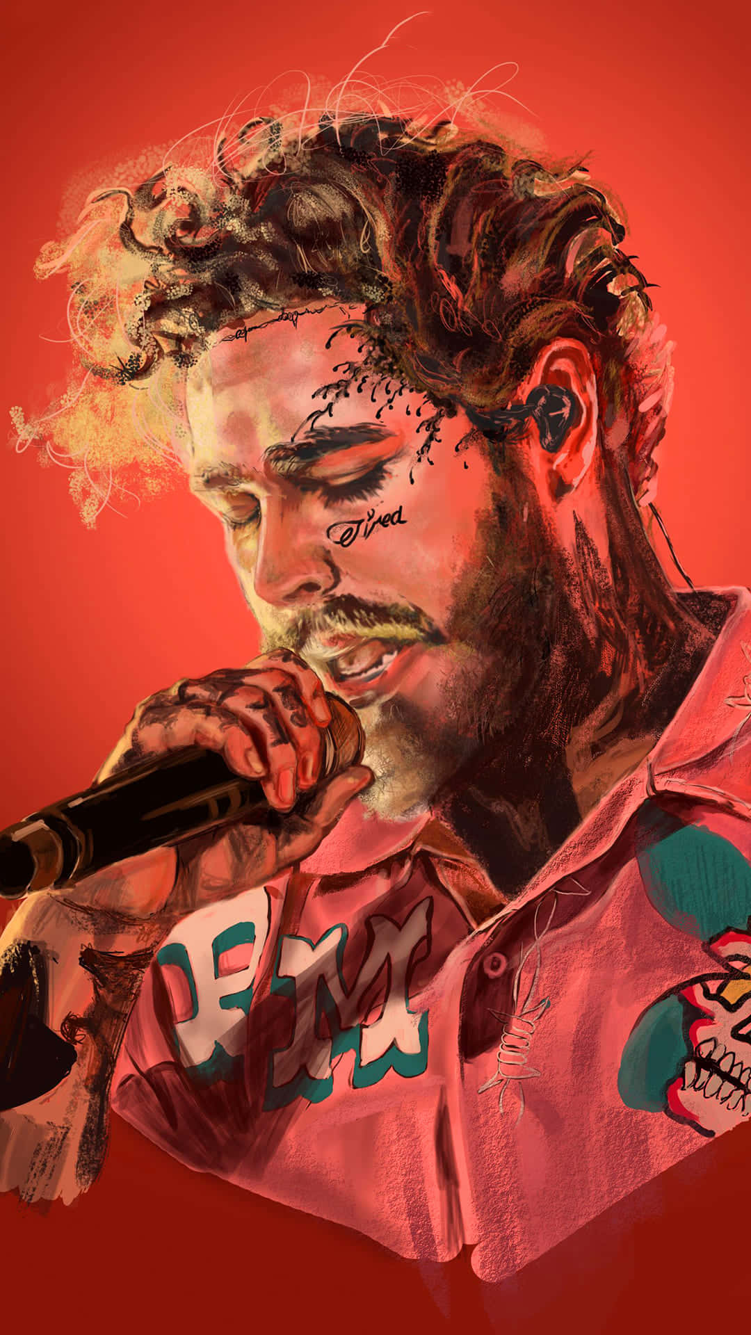 Post Malone 桌布 壁紙 — 一個風格化的數碼肖像，描繪一位留鬍鬚的男子在火紅背景前對著咪高峰唱歌。