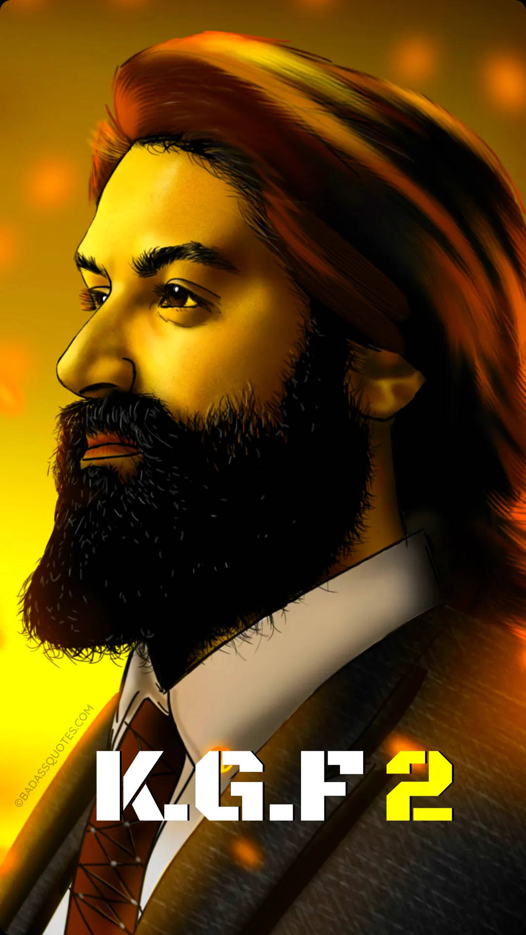 Indian 桌布 壁紙 — 一個風格化的數碼肖像，描繪一位留鬍子的男士穿著西裝，背景是發光的金色，帶有 'K.G.F 2' 文字。