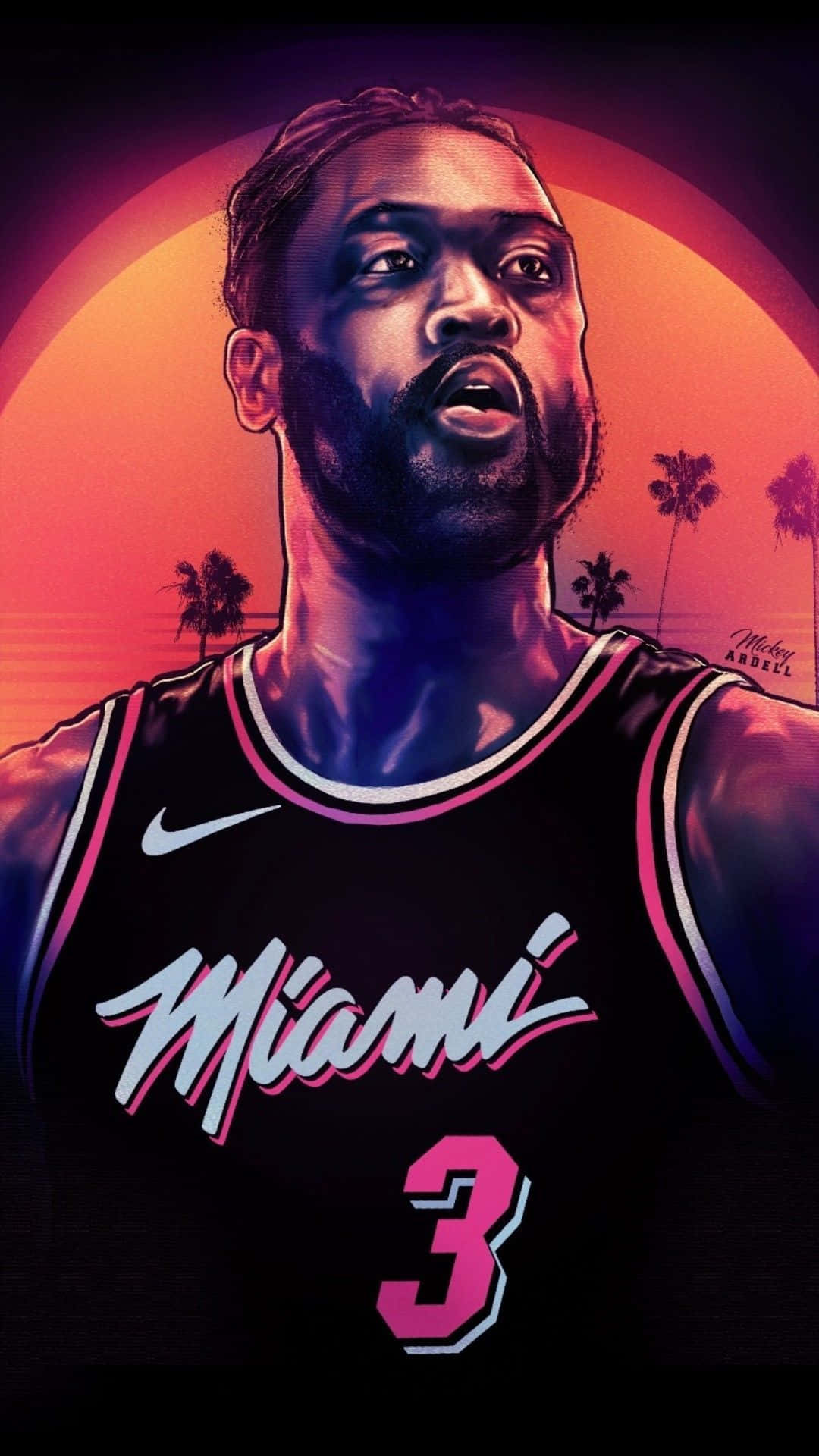 NBA 2k20 桌布 壁紙 — 一個風格化的數碼肖像，描繪一位身穿邁阿密熱火球衣的籃球運動員，背景是充滿活力的日落和棕櫚樹。