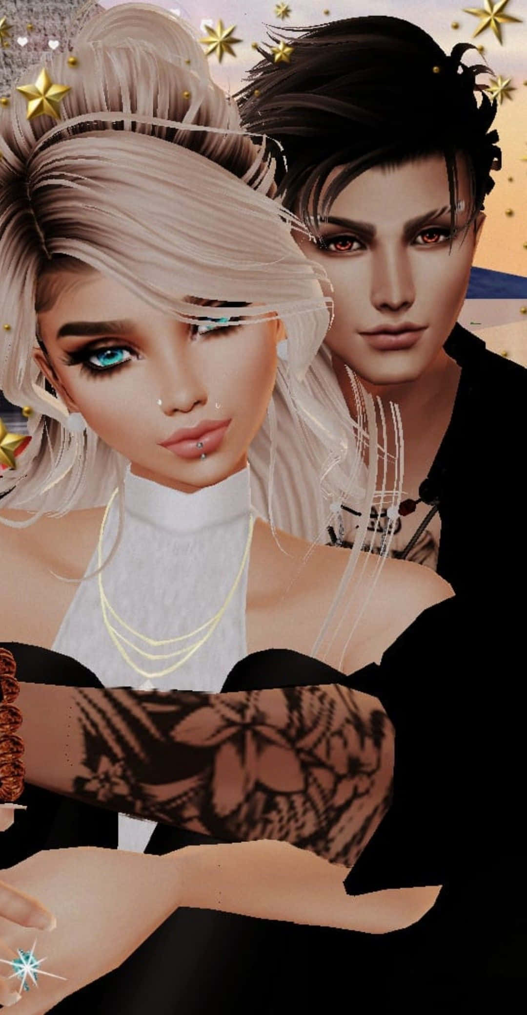 imvu 桌布 壁紙 — 一個風格化的數碼肖像，描繪一位金髮藍眼、手臂有紋身的女性，旁邊是一位黑髮紅眼的男性，背景是星空。