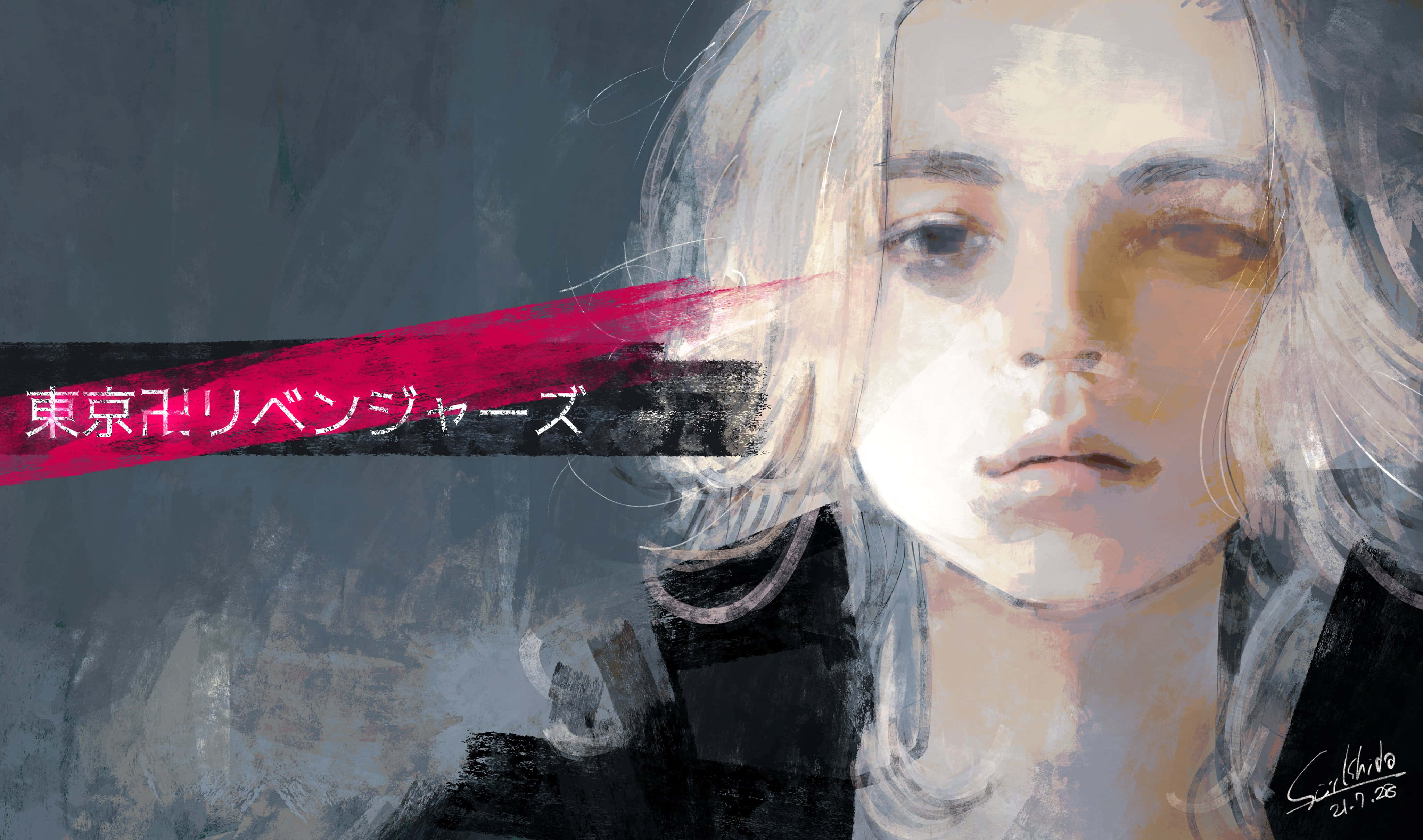 Sui Ishida 桌布 壁紙 — 一個風格化的數碼肖像，描繪一位頭髮蒼白、表情陰鬱的人物，背景為深色紋理，帶有醒目的紅色條紋和日文字句。