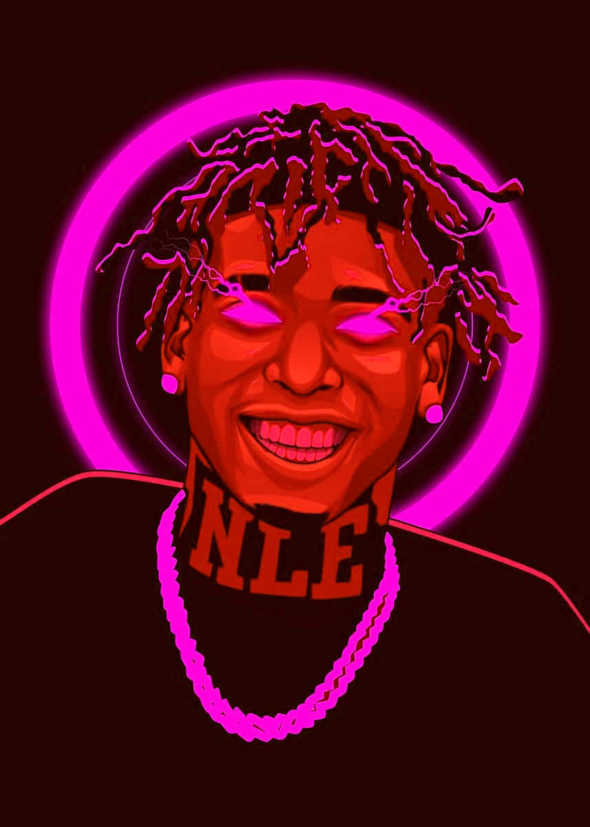 NLE Choppa 桌布 壁紙 — 一個風格化的數碼肖像，描繪一個微笑的男人，擁有紅色皮膚和粉紅色霓虹燈辮，背景是發光的粉紅色圓形光環。