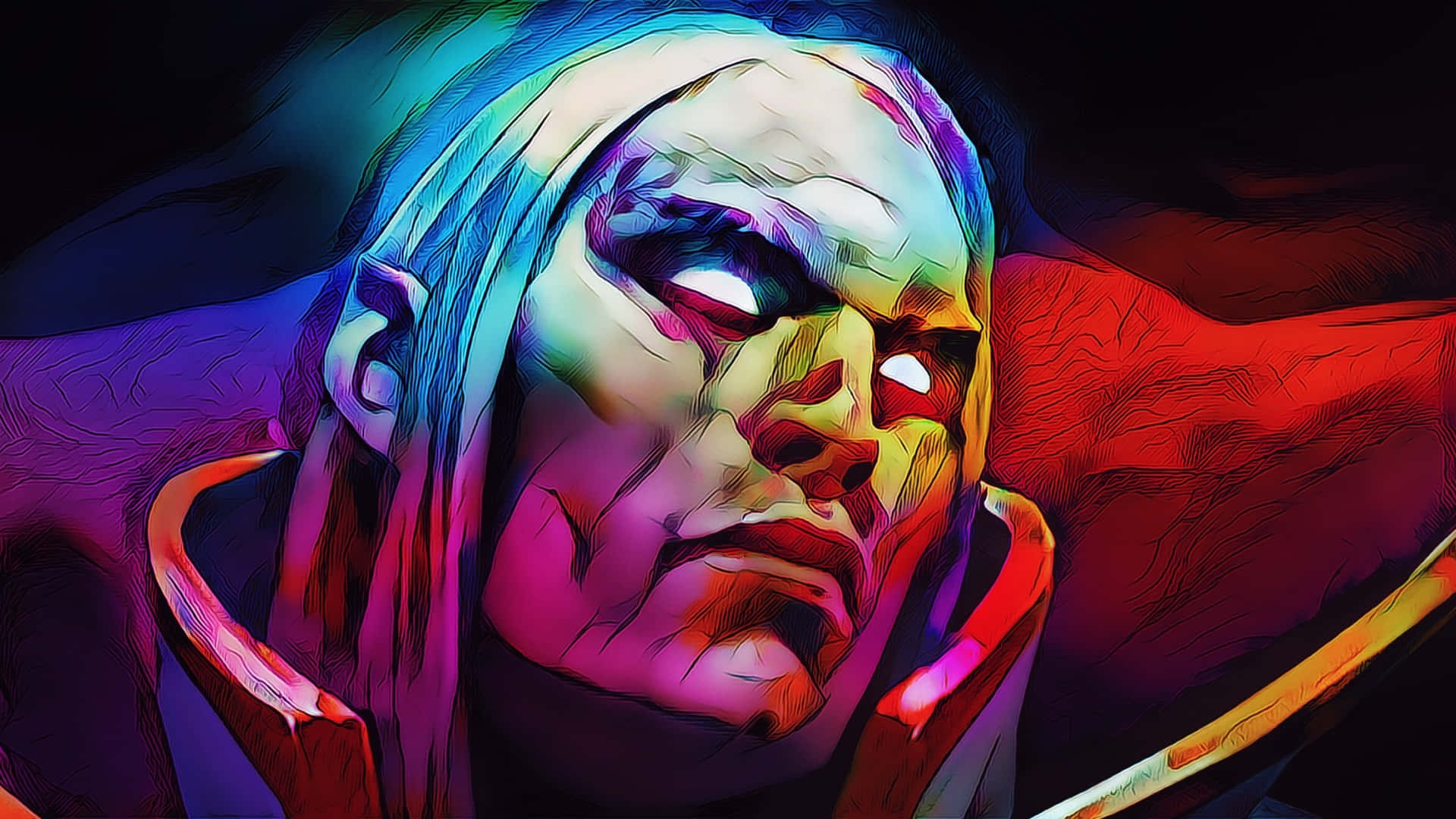 Dota 2 Invoker 桌布 壁紙 — 一個風格化的數碼肖像，描繪一個蒼白面孔的角色，擁有發光的眼睛和鮮豔的霓虹色彩，背景為深色。