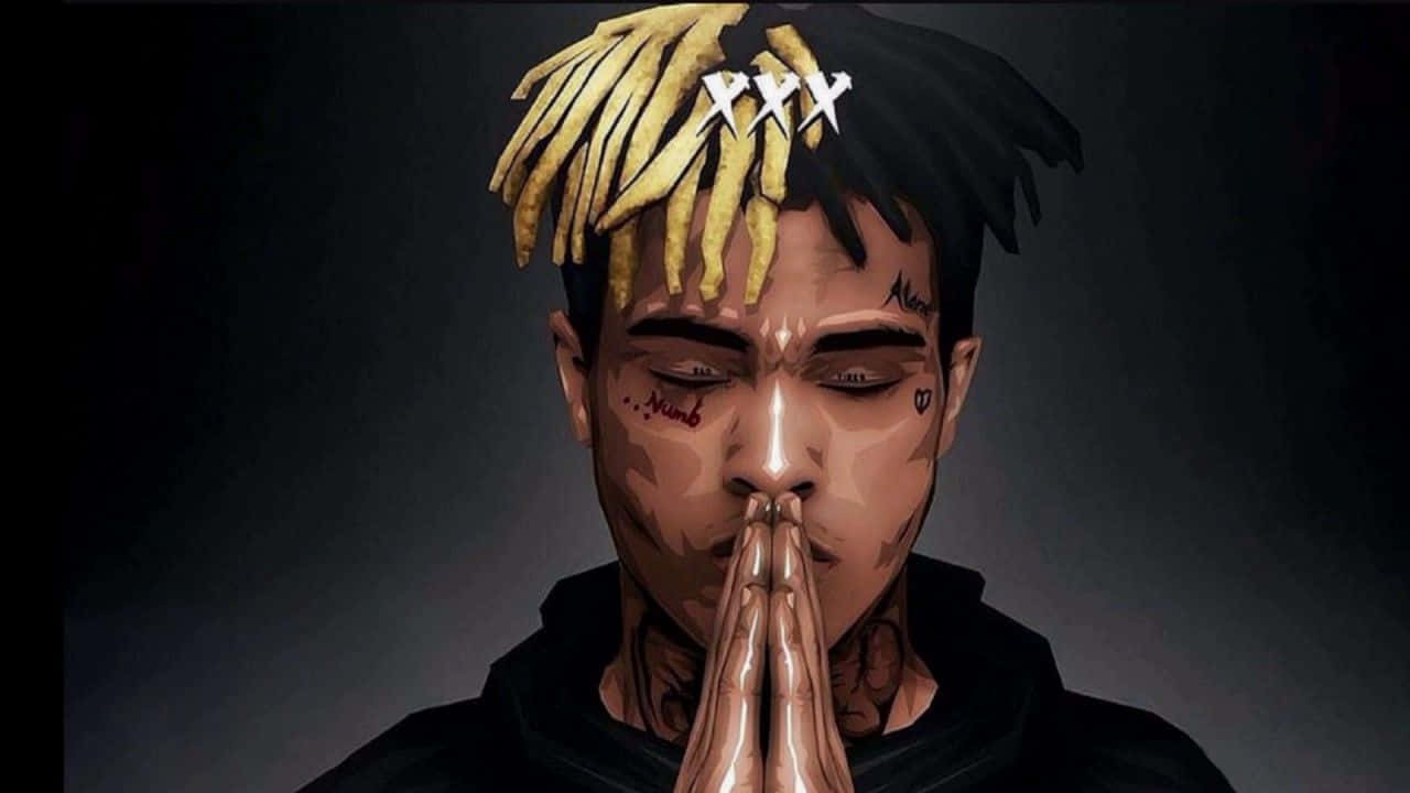 XXXTENTACION 桌布 壁紙 — 一個風格化的數碼肖像，描繪一名擁有金色辮子頭和紋身的男子，在深色漸變背景前合十祈禱。
