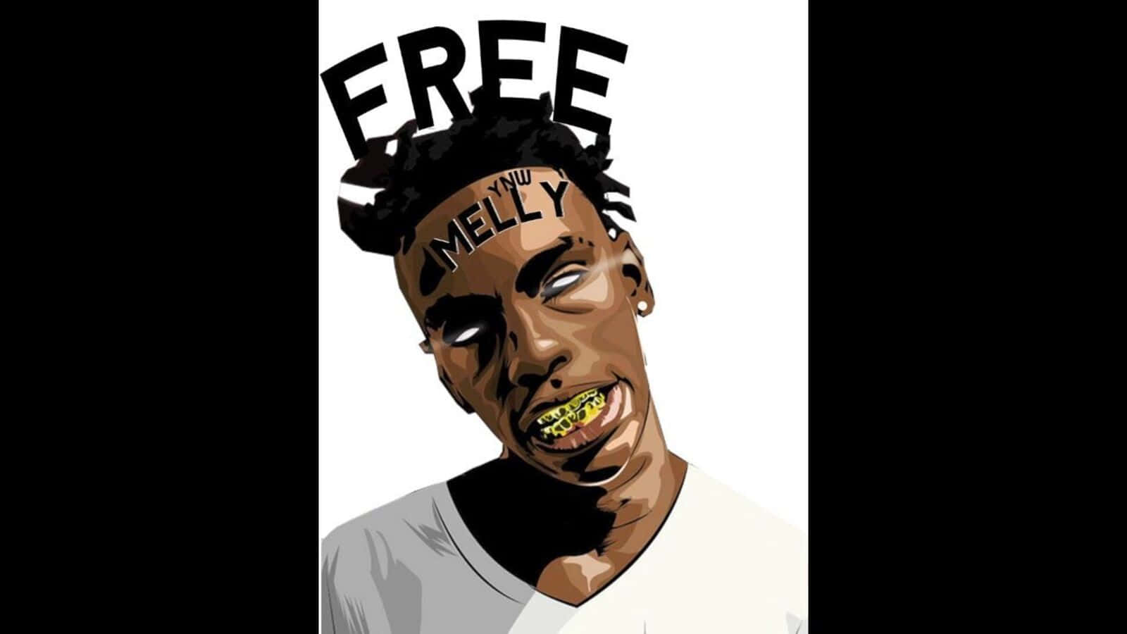 Ynw Melly Cartoon 桌布 壁紙 — 一個風格化的數碼肖像，描繪一名男子，頭頂有「FREE」和「MELLY」文字，並佩戴金色牙套。