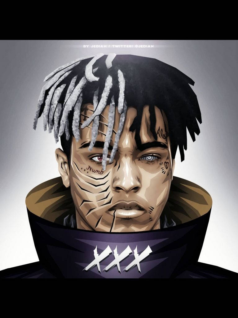 XXXTENTACION 桌布 壁紙 — 一個風格化的數碼肖像，描繪一名留有辮子頭和面部紋身的男子，身穿帶有XXX縫線的高領外套。