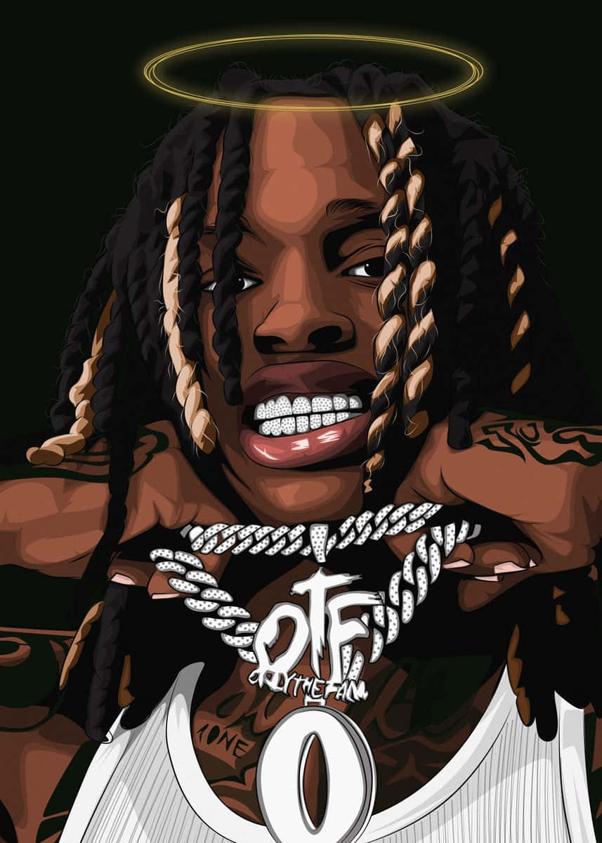 King Von 桌布 壁紙 — 一個風格化的數碼肖像，描繪一名辮子頭髮、帶金色光環、身穿白色球衣和鑽石鏈的男子。