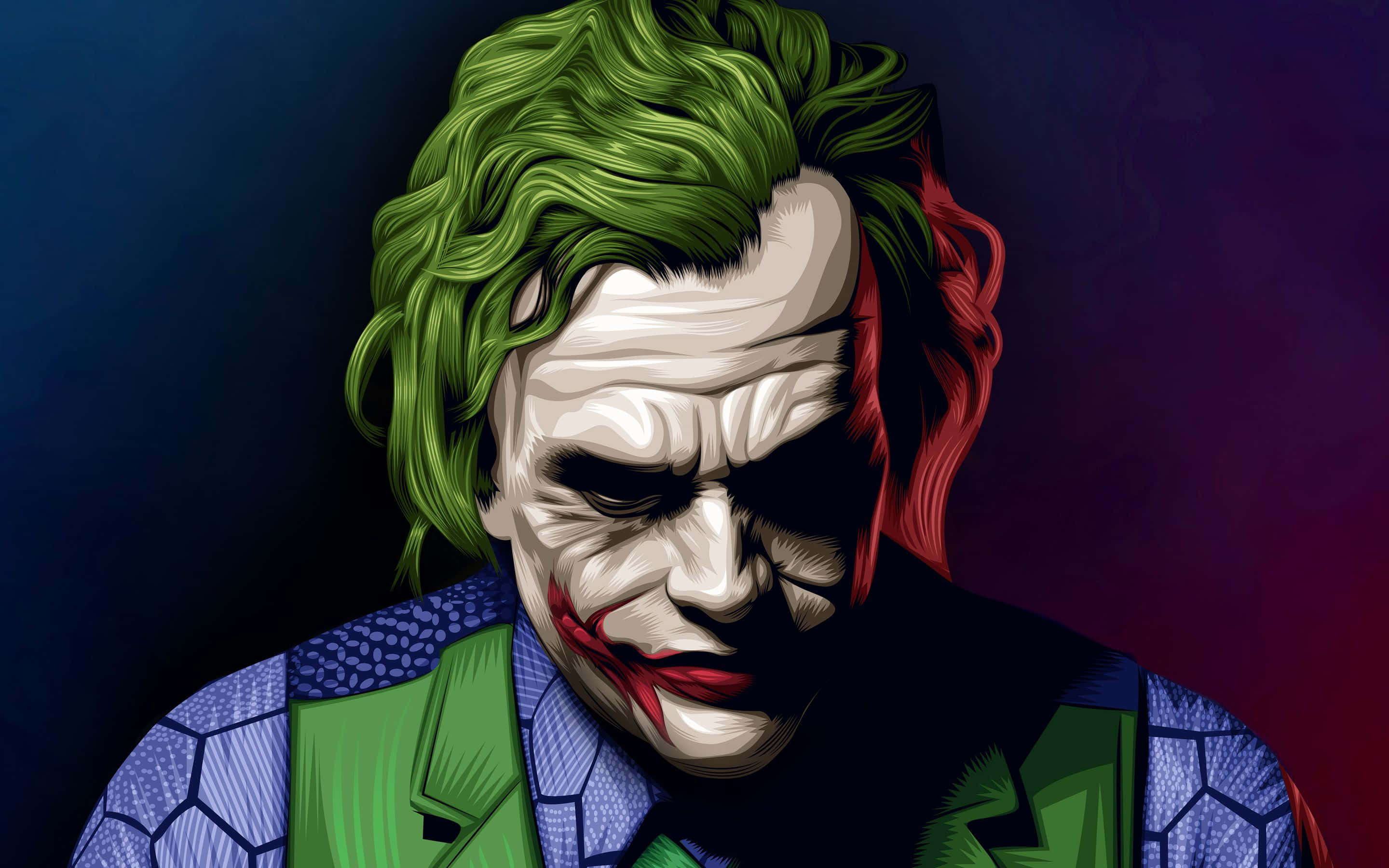 Joker Painting 桌布 壁紙 — 一個風格化的數碼肖像，描繪小丑，擁有綠色頭髮、紅色嘴唇和邪惡的笑容，背景為深色漸變。