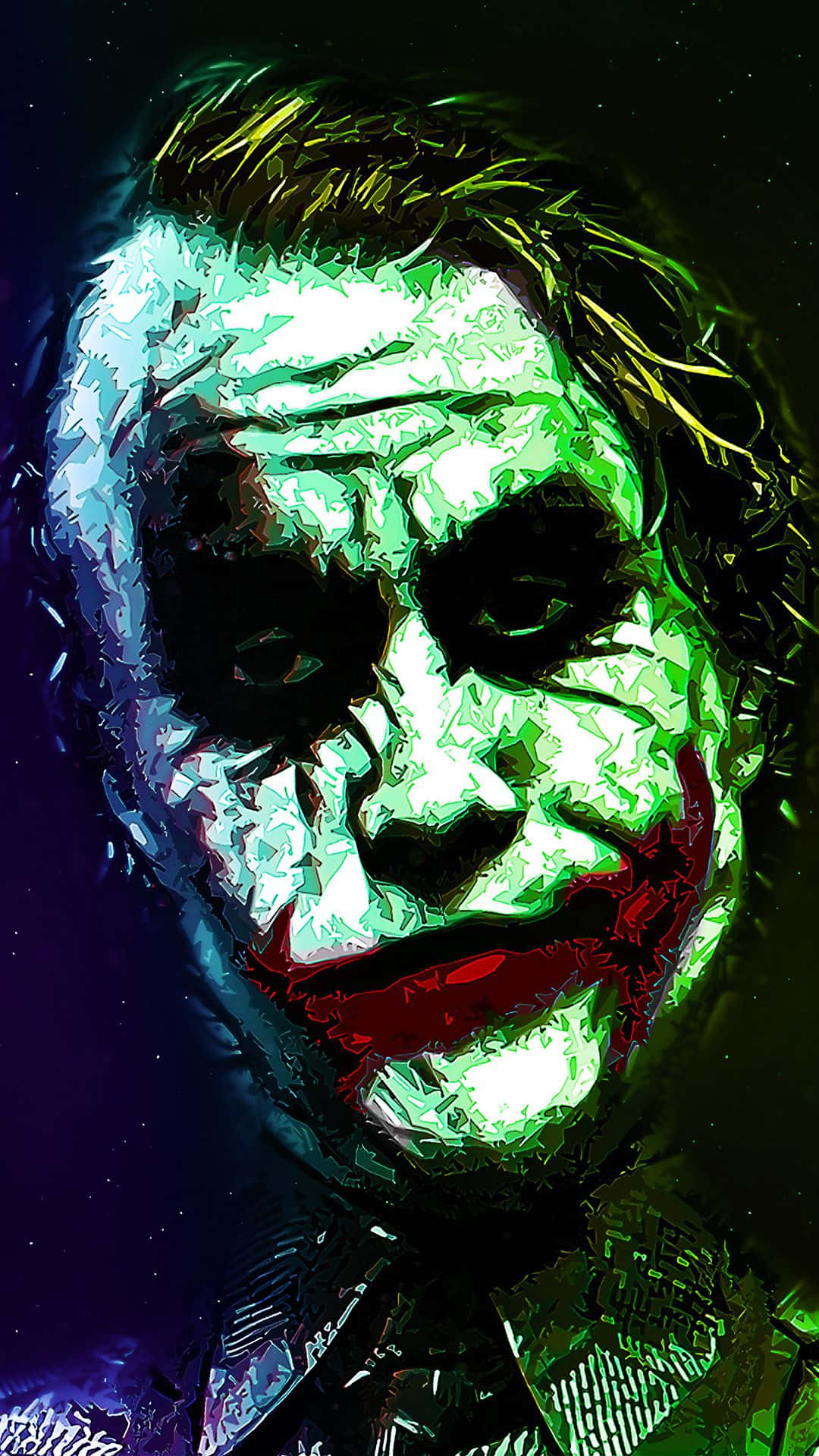 Joker Art 桌布 壁紙 — 一個風格化的數碼肖像，描繪小丑在黑暗宇宙背景下，擁有發光的綠色皮膚和寬闊的紅色咧嘴笑。