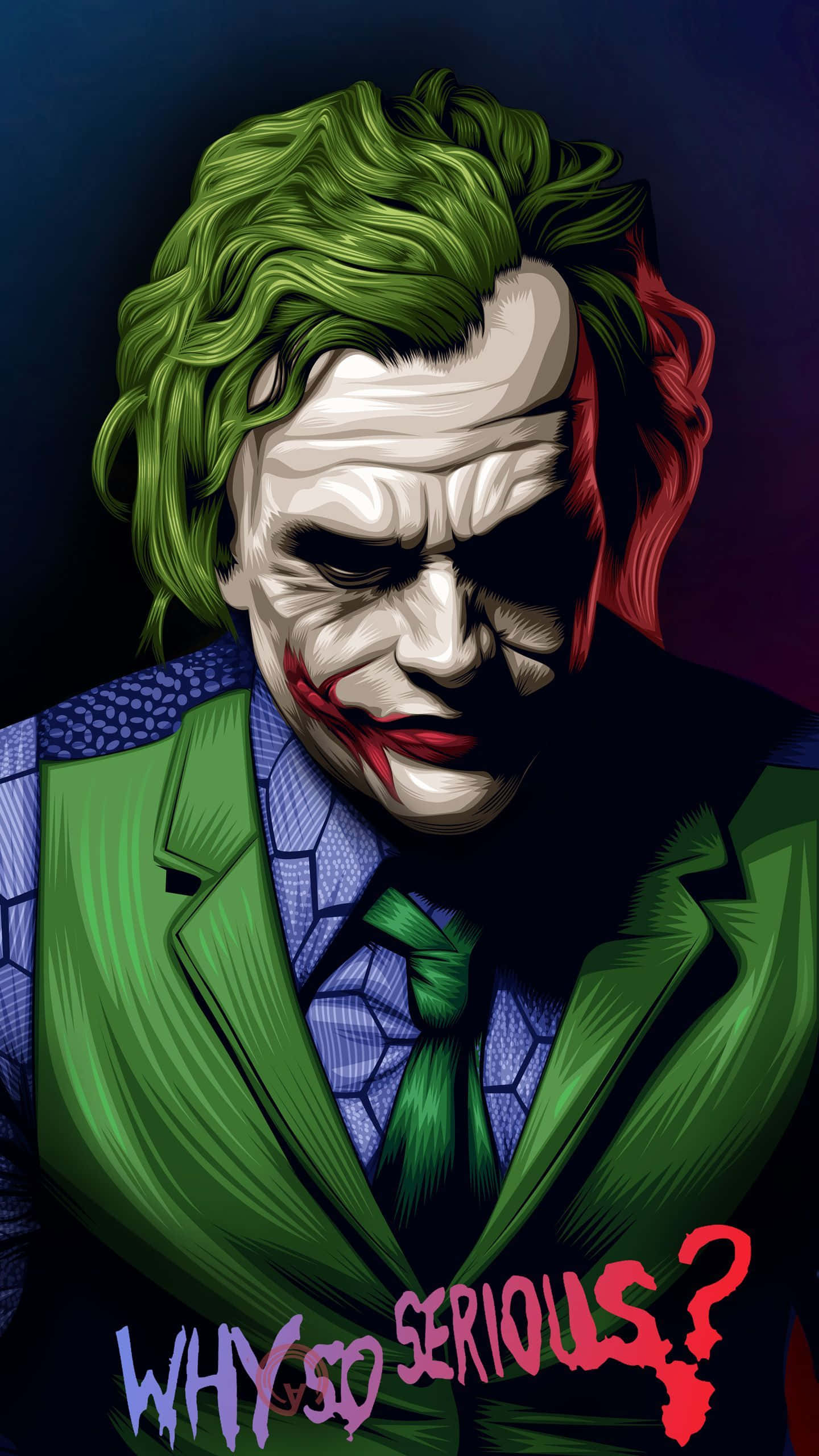 Joker Art 桌布 壁紙 — 一個風格化的數碼肖像，描繪小丑擁有綠色頭髮、紅色嘴唇和陰險的笑容，背景為深色。