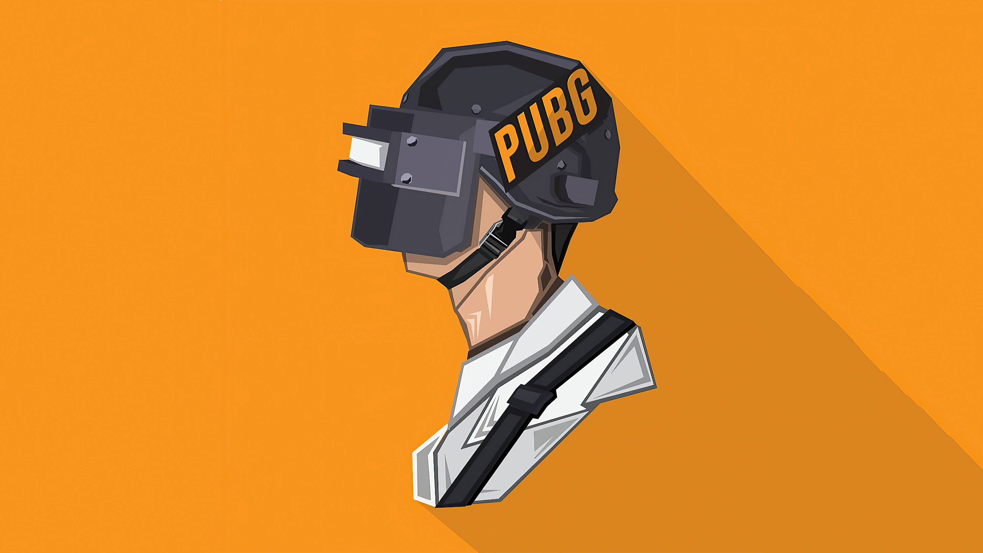 PUBG 桌布 壁紙 — 一個風格化的數碼藝術半身像，描繪一位戴著頭盔和VR頭戴式裝置的PUBG玩家，背景為純橙色。