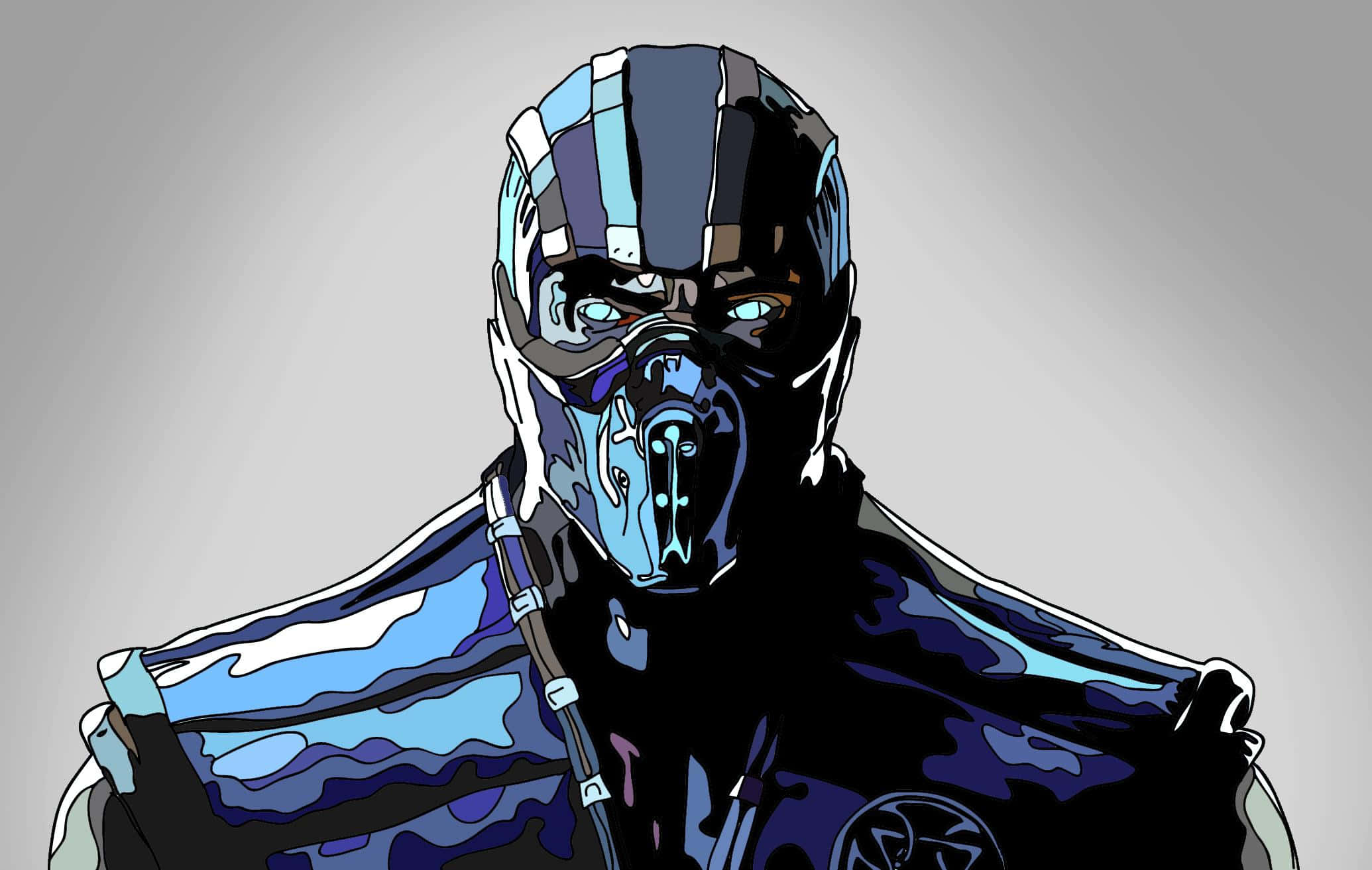 Mortal Kombat Sub-zero 桌布 壁紙 — 一個風格化的數碼藝術肖像，描繪一位身穿藍黑盔甲的蒙面戰士，背景為漸變灰色。
