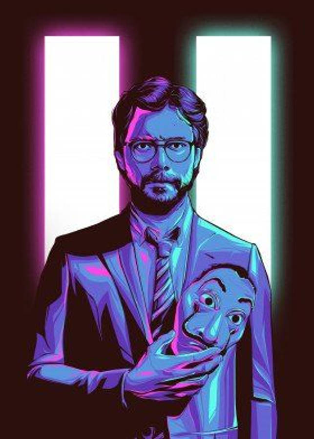 4K 桌布 壁紙 — 一個風格化的數碼藝術肖像，描繪一名身穿西裝的男子在霓虹粉紅和青色光束下拿著扭曲的臉。