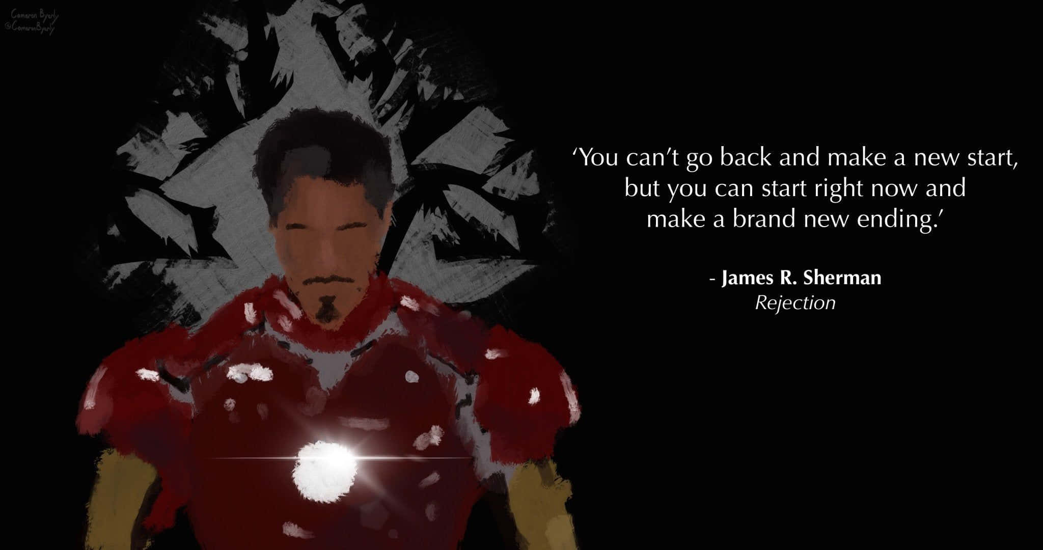 Iron Man Quotes 桌布 壁紙 — 一個風格化的數碼藝術肖像，描繪一名身穿紅色裝甲服、胸前發光的男子，背景為破碎的玻璃。