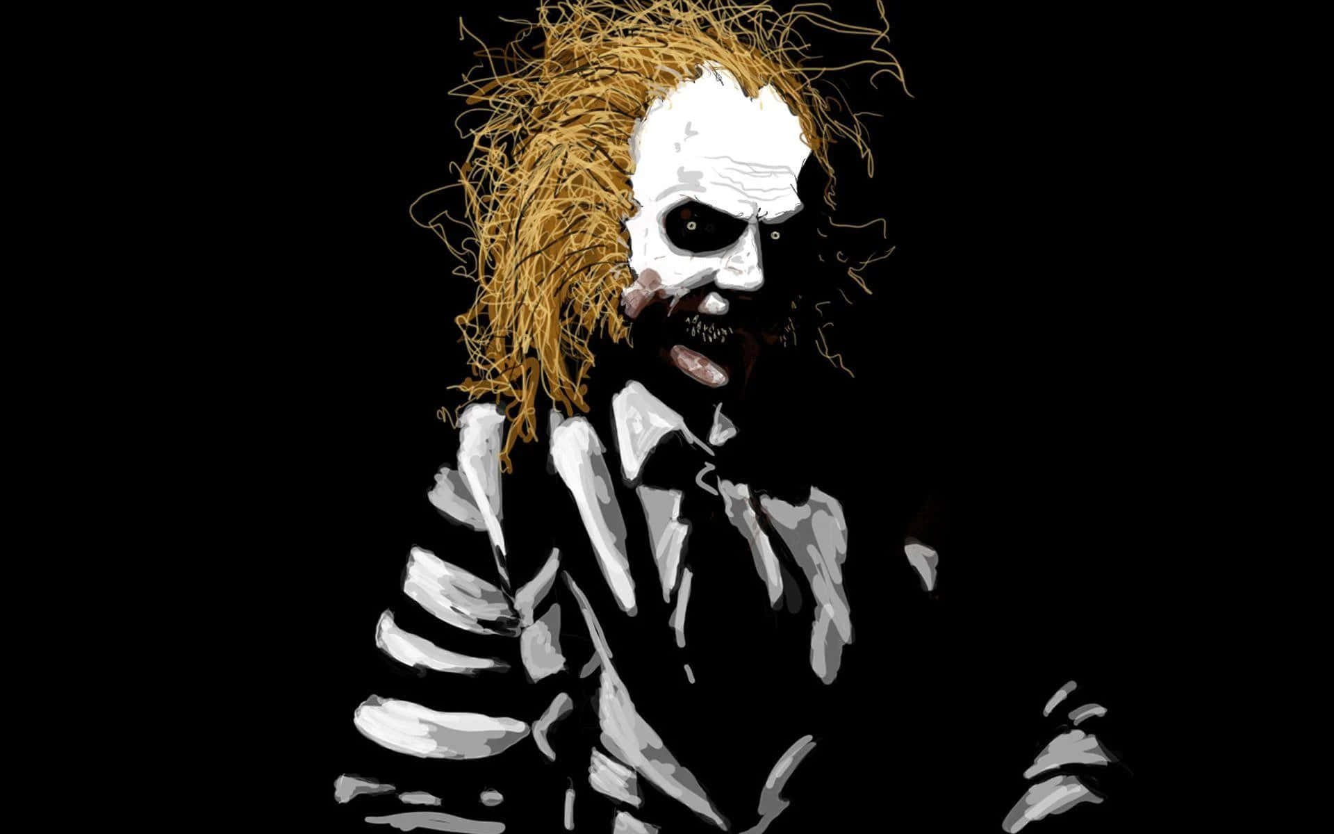 嘩鬼家族 桌布 壁紙 — 一個風格化的數碼藝術肖像，描繪了 Beetlejuice 擁有狂野的黃色頭髮和骨骼特徵，背景為黑色。
