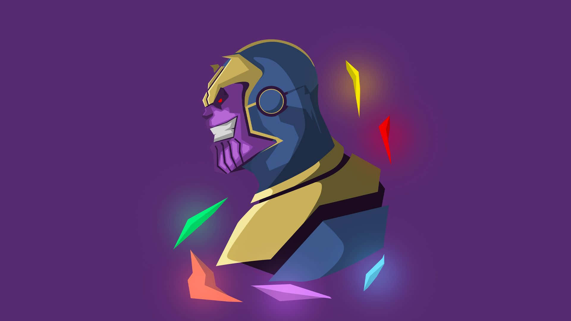 Thanos 桌布 壁紙 — 一個風格化的數碼藝術肖像，描繪薩諾斯，頭部周圍漂浮著發光的彩色碎片，背景為紫色。