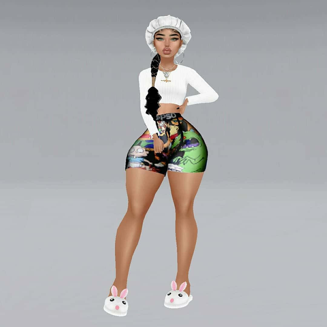 imvu 桌布 壁紙 — 一個風格化的數碼頭像，戴著廚師帽和卡通印花短褲，自信地穿著兔仔拖鞋站在純灰色背景前。