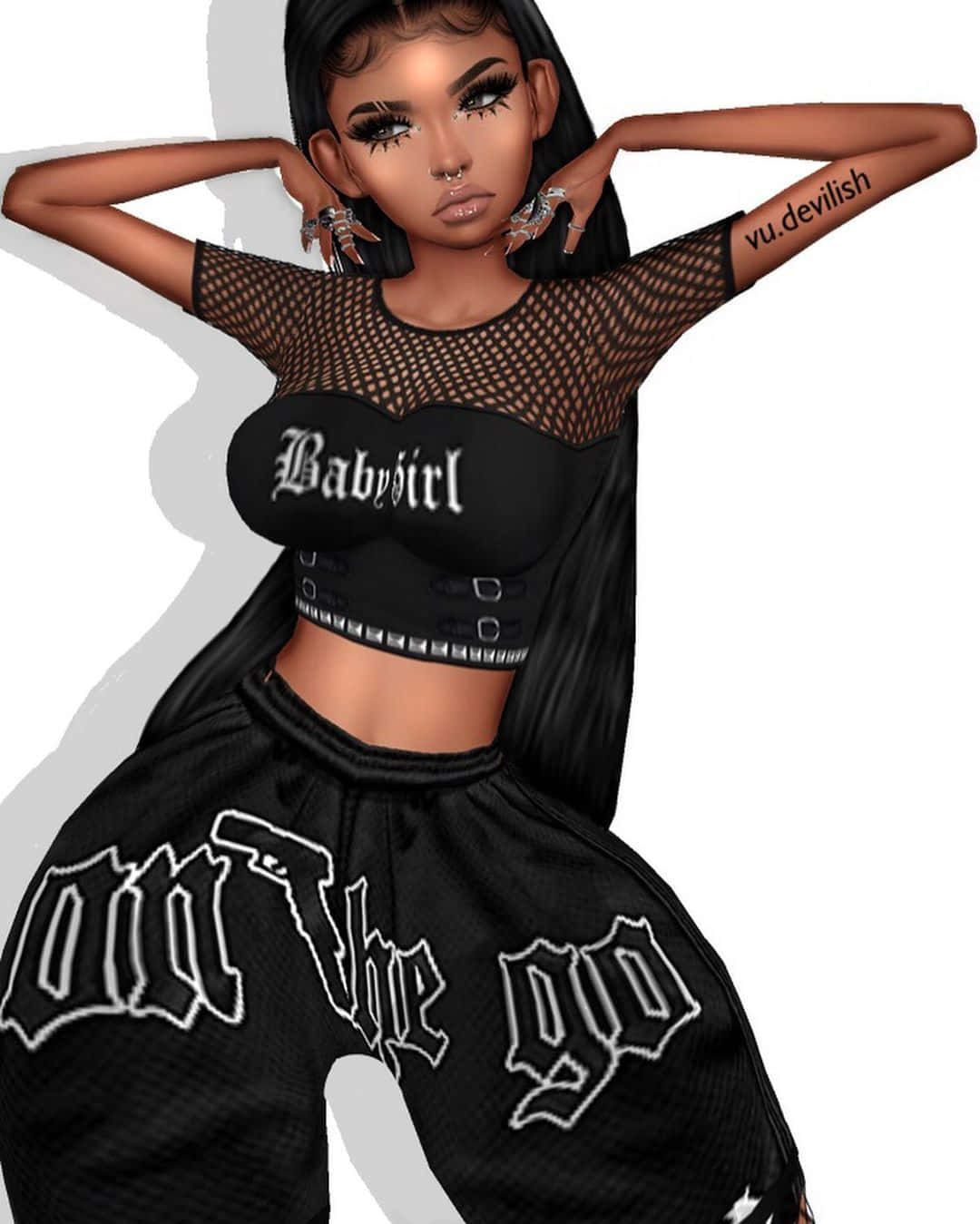 imvu 桌布 壁紙 — 一個風格化的數碼頭像，擁有黑色長髮和大膽妝容，自信地穿著黑色網眼上衣和帶有塗鴉風格文字的寬鬆褲子。
