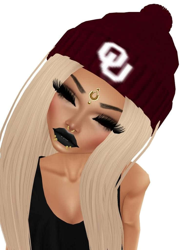 imvu 桌布 壁紙 — 一個風格化的數碼頭像，長長的金髮，戴著帶有白色OU標誌的栗色無邊帽，搭配大膽的黑色唇膏和金色珠寶。