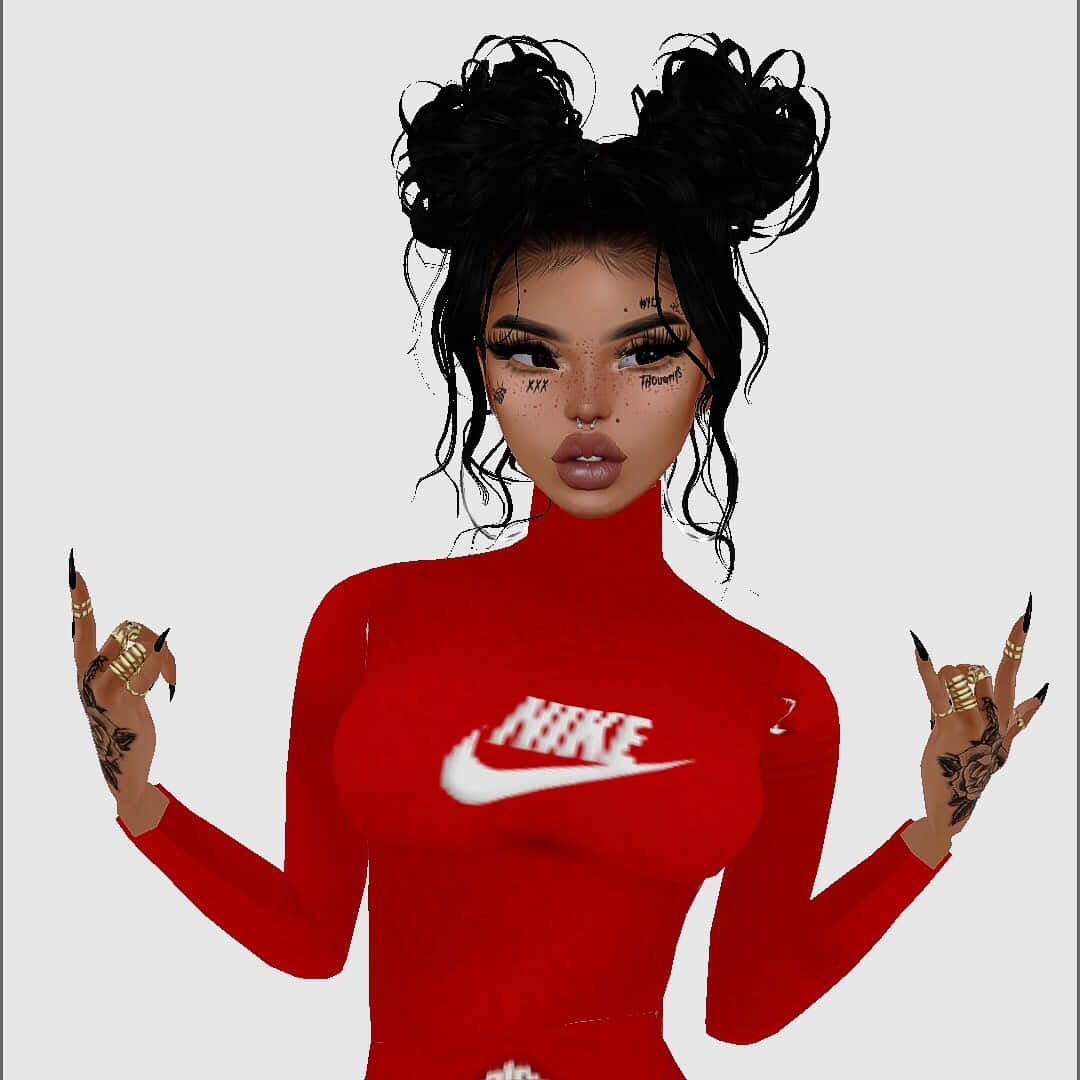 imvu 桌布 壁紙 — 一個風格化的數碼頭像，黑色雙丸子頭，穿著紅色Nike高領毛衣，做出搖滾手勢。