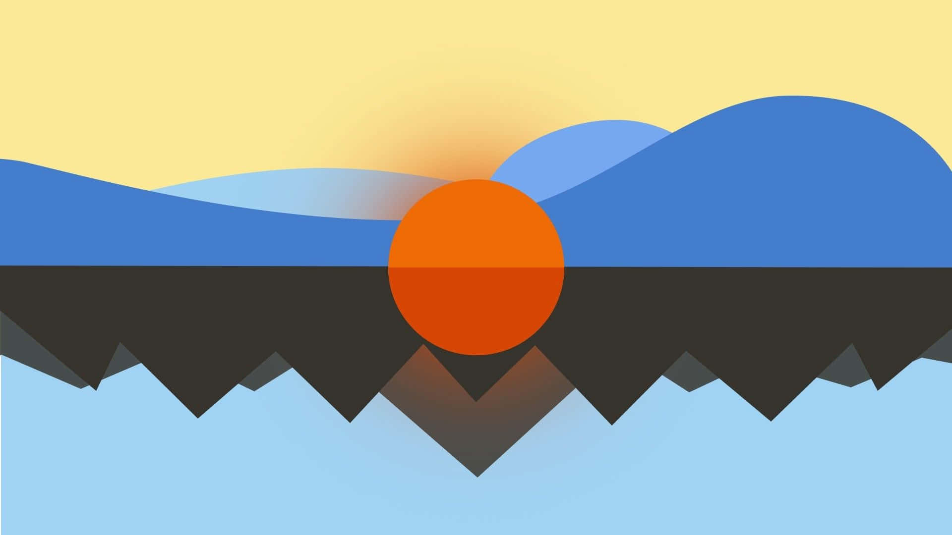 Minimal Art 桌布 壁紙 — 一個風格化的日落，橙色太陽在黃色天空下，落在鋸齒狀的黑暗山脈和層疊的藍色山丘之後。