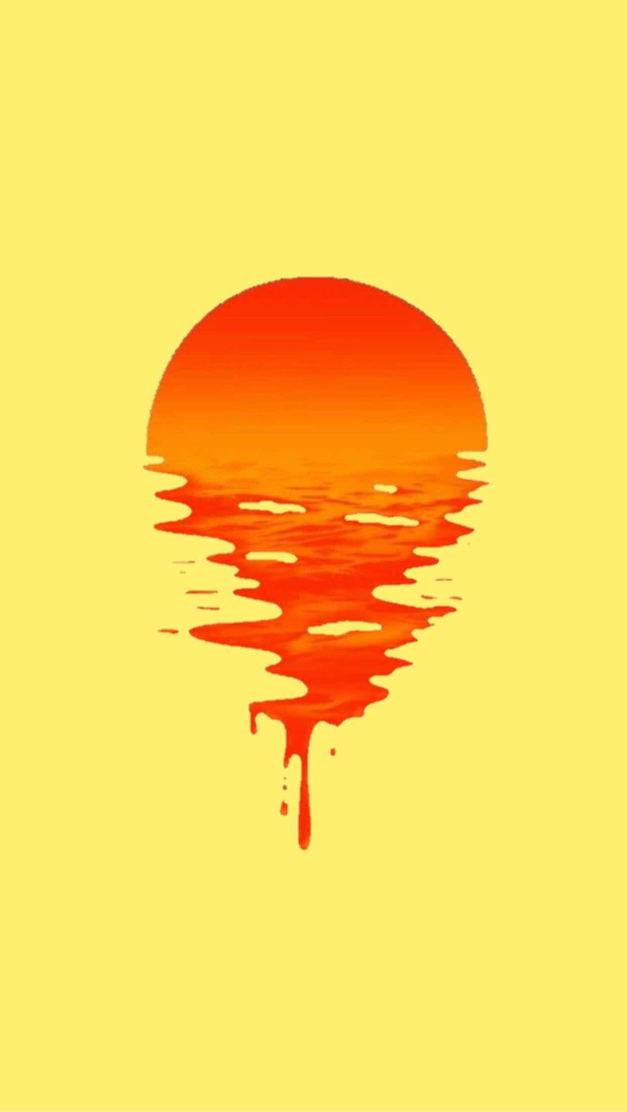 Yellow Sunset 桌布 壁紙 — 一個風格化的日落，橙色太陽融化滴入黃色背景。