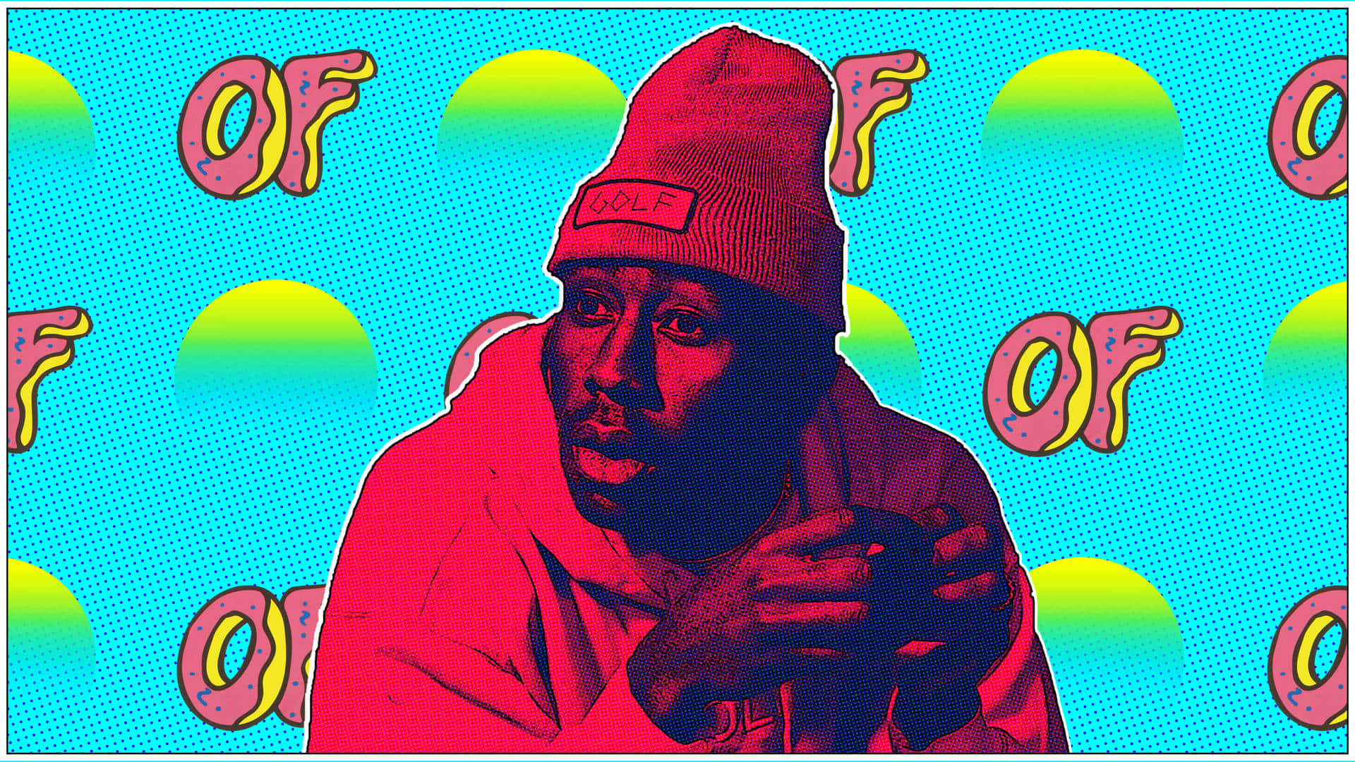 tyler the creator 桌布 壁紙 — 一個風格化的普普藝術肖像，描繪一名戴紅色冷帽的男子，背景為充滿活力的藍色，帶有重複的冬甩和太陽圖案。