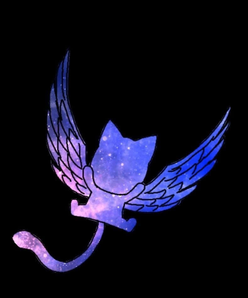 Fairy Tail Happy 桌布 壁紙 — 一個風格化的有翼貓剪影，充滿發光的宇宙星雲，背景是黑色虛空。