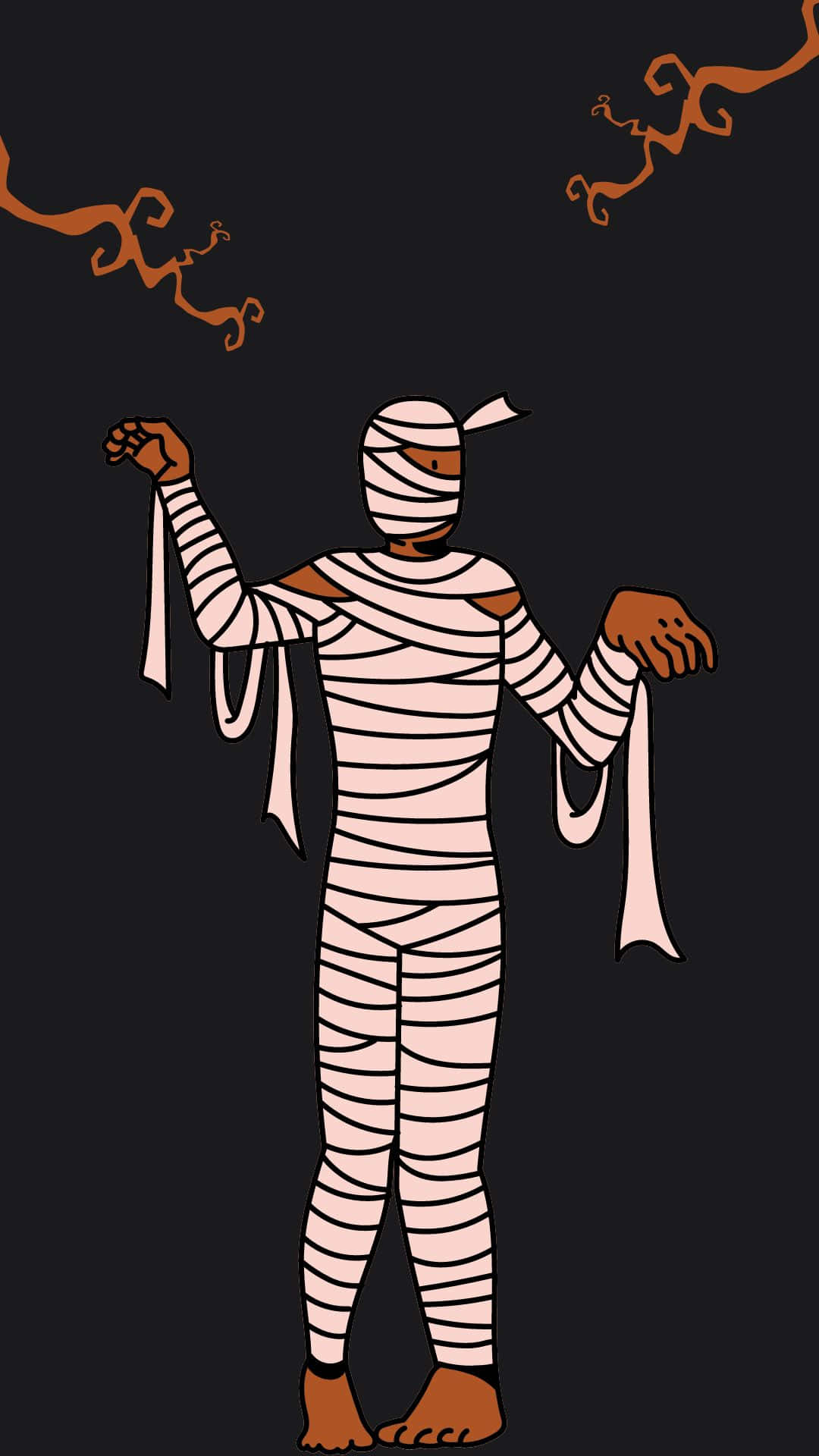 Mummy Costumes 桌布 壁紙 — 一個風格化的木乃伊站在深色背景前，頭頂有橙色煙霧盤旋。