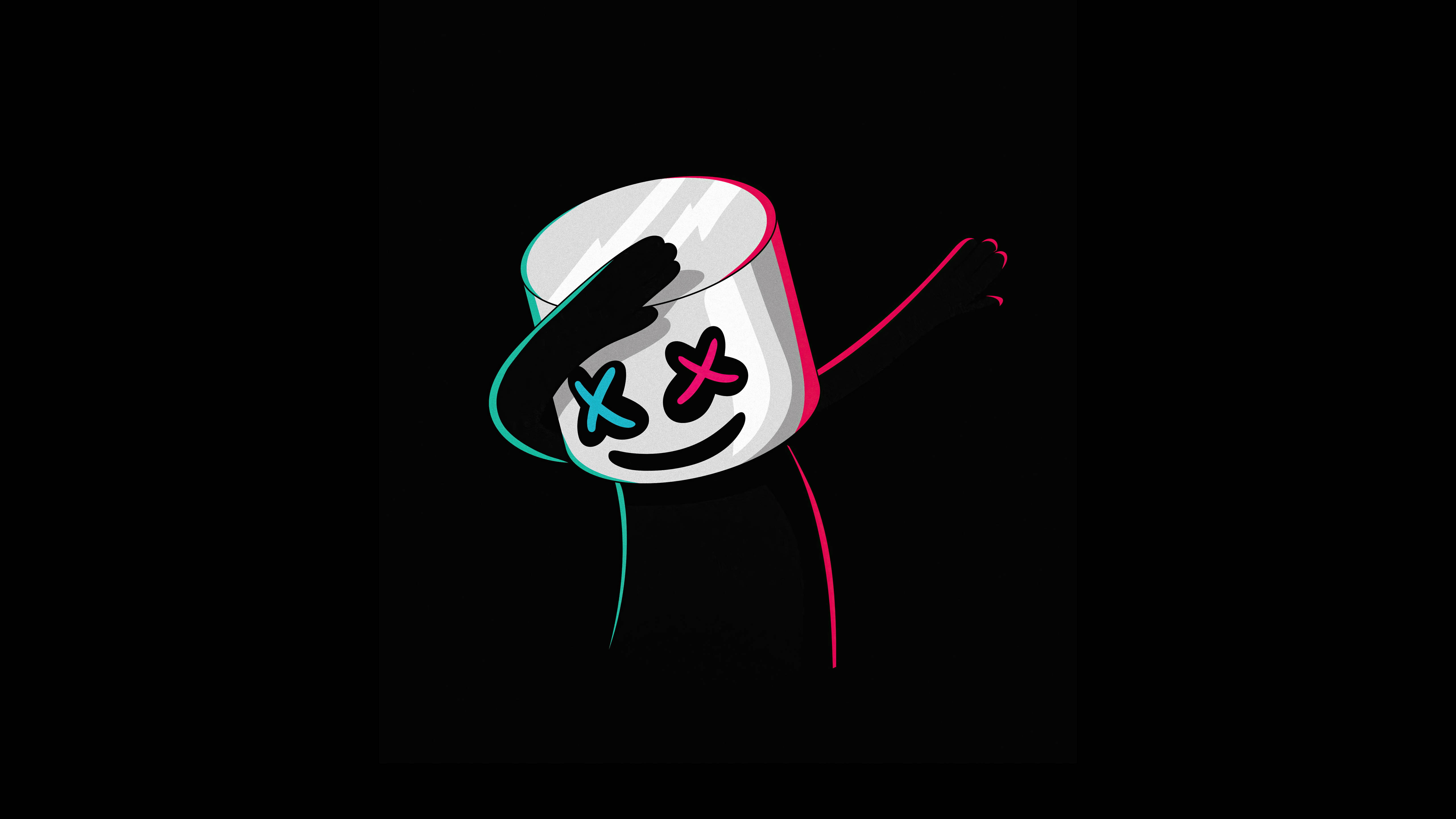 Marshmello 桌布 壁紙 — 一個風格化的棉花糖角色，帶有發光的眼睛和霓虹輪廓，在黑色背景上擺出 dab 姿勢。