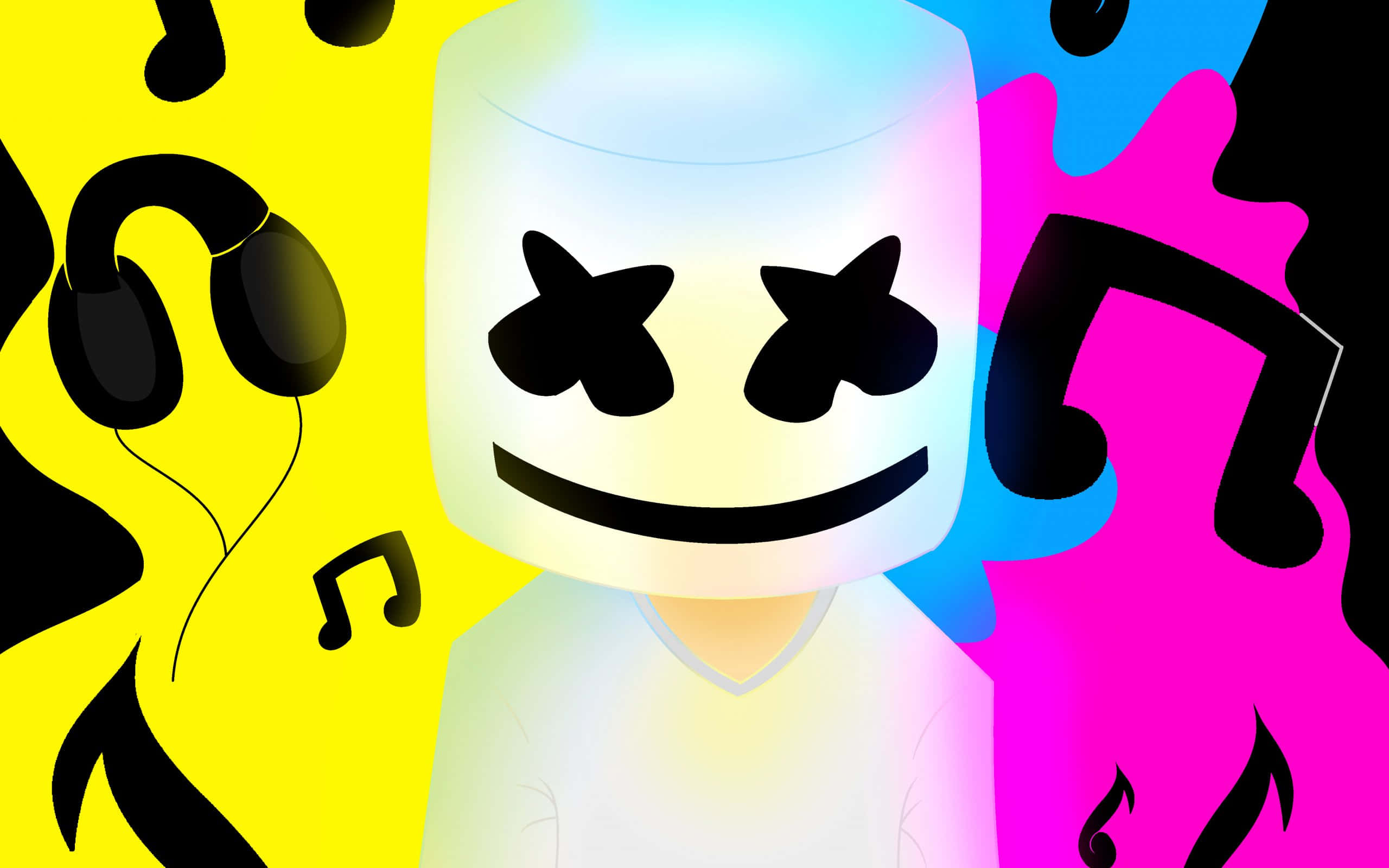 Marshmello 桌布 壁紙 — 一個風格化的棉花糖頭DJ，戴著耳機和音符，背景是充滿活力的黃色、粉紅色和藍色。
