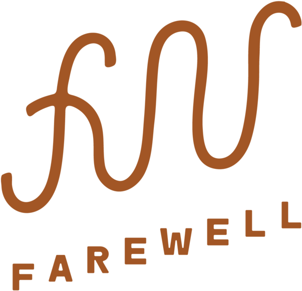 Farewell Script Logo 壁紙 — 一個風格化的棕色標誌，帶有流暢的手寫體和方塊字母，在黑色背景上拼寫告別。