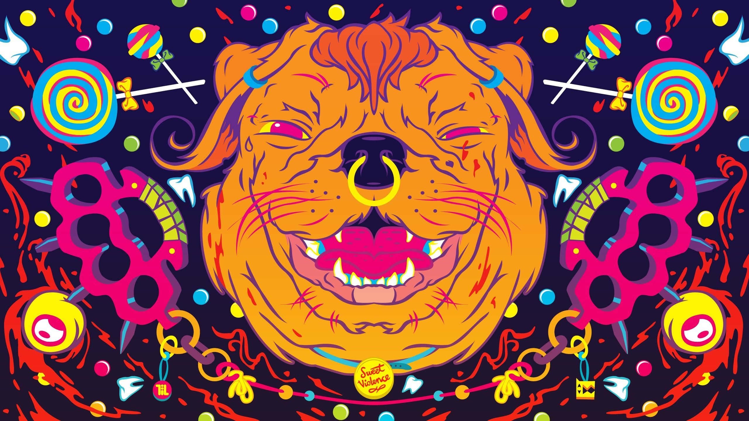 Trippy Animals 桌布 壁紙 — 一個風格化的橙色狗臉，帶有穿孔和縫線，被糖果棒棒糖和指節銅套包圍在深色背景上。