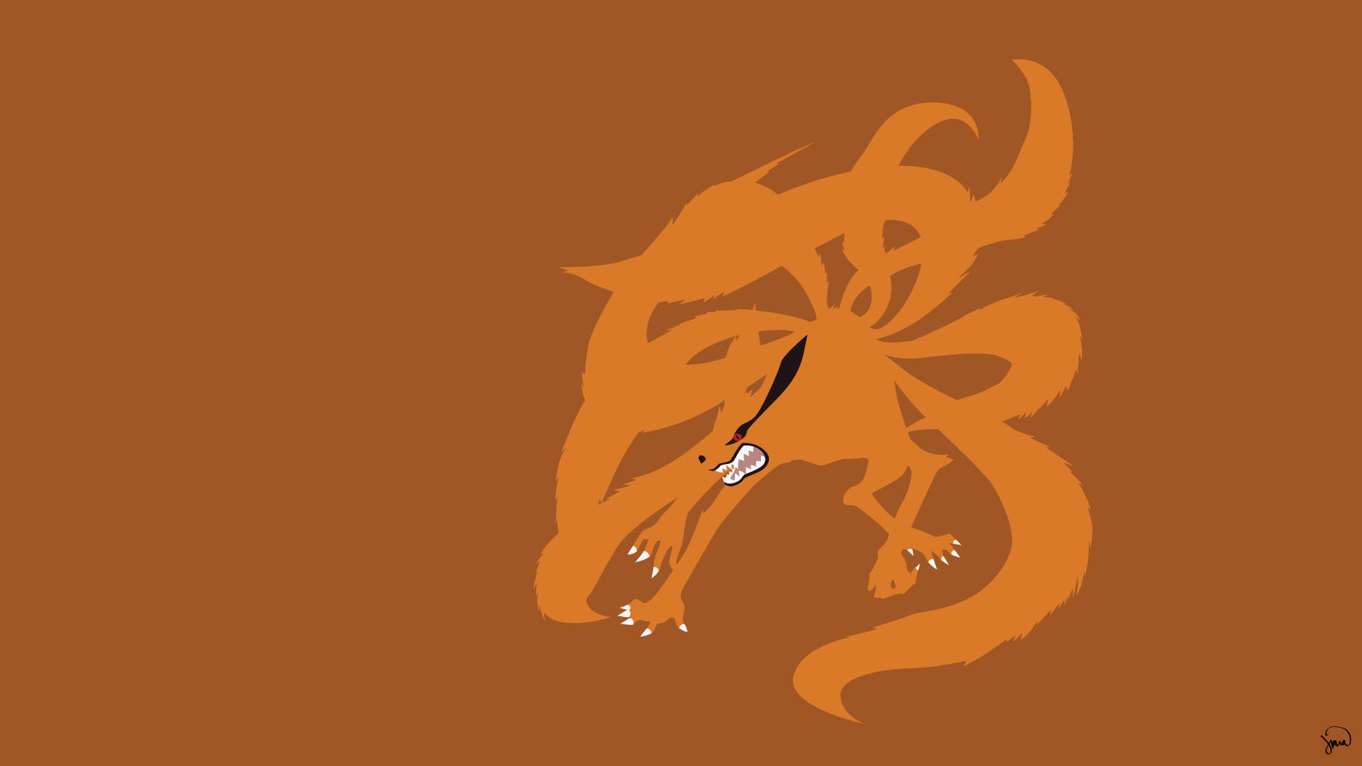 Kurama 桌布 壁紙 — 一個風格化的橙色龍剪影，帶有鋒利的爪子和飄逸的鬃毛，背景為純棕色。
