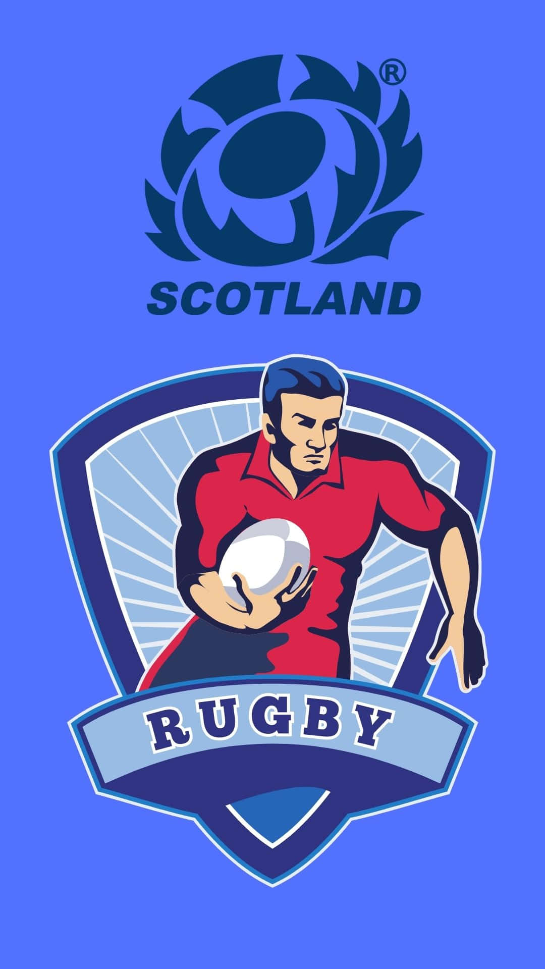 Scotland Rugby 桌布 壁紙 — 一個風格化的欖球運動員身穿紅色球衣，在蘇格蘭薊花標誌下持球，背景為純藍色。