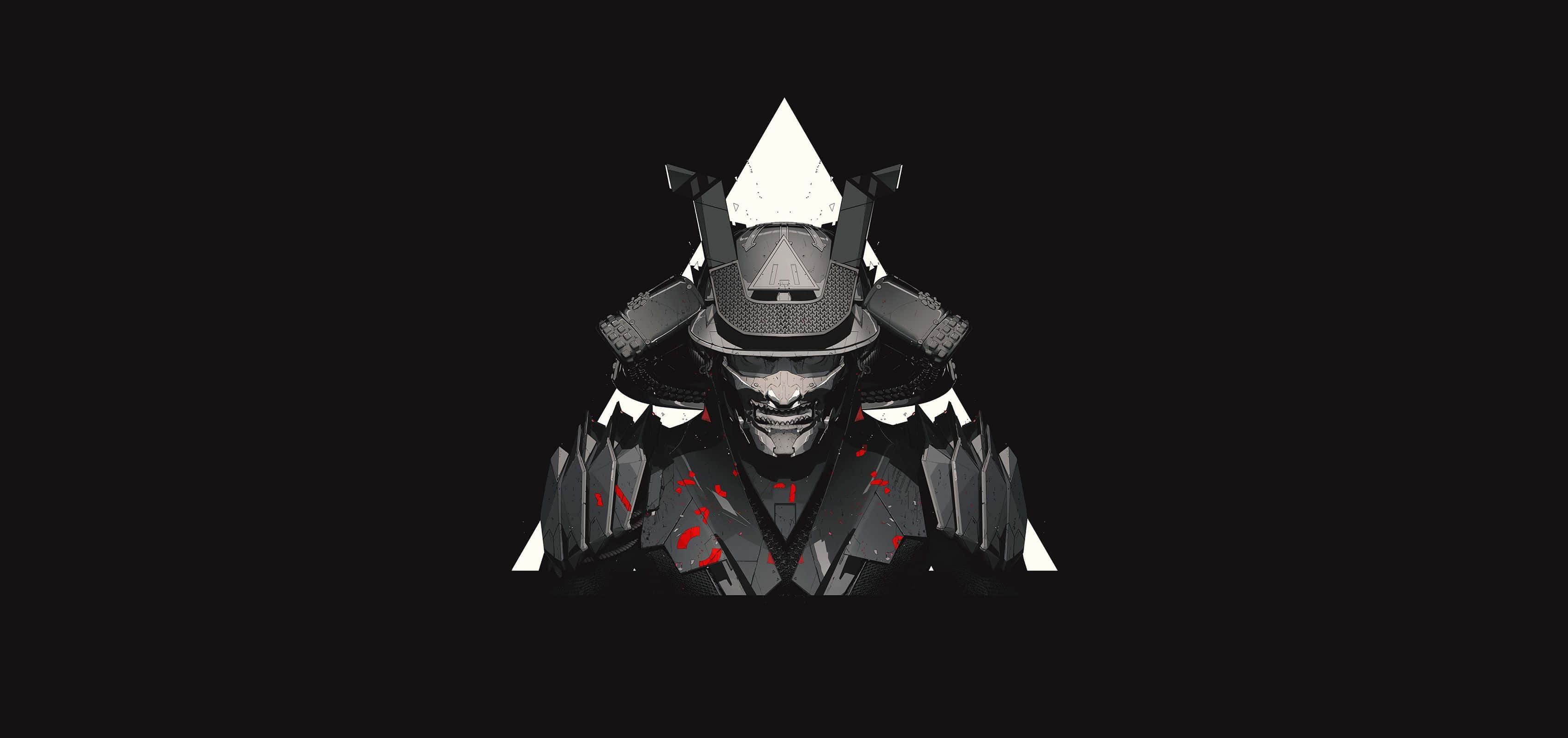 Black And White Samurai 桌布 壁紙 — 一個風格化的武士戰士，身穿深色盔甲帶紅色點綴，站在黑色背景前，戴著頭盔，氣勢逼人。