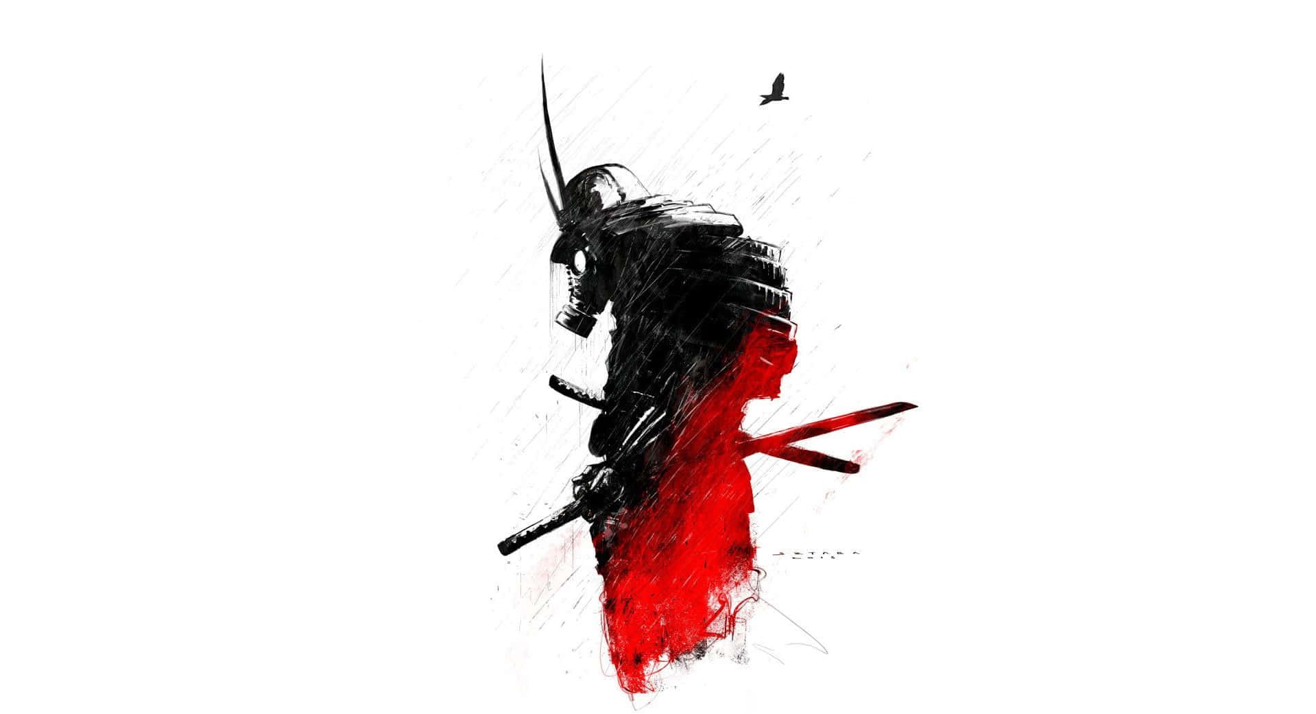 Black And White Samurai 桌布 壁紙 — 一個風格化的武士戰士，身穿黑色盔甲，帶有鮮豔的紅色潑濺，手持劍，站在純白背景上，上方有一隻孤鳥飛翔。