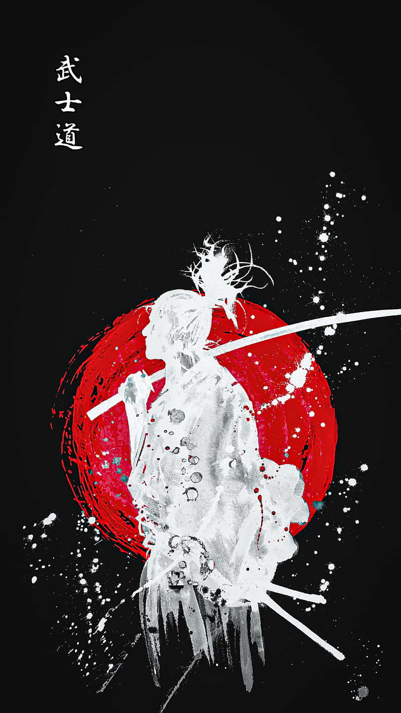 Bushido Samurai 桌布 壁紙 — 一個風格化的武士戰士以白色墨水繪製，站在一個大膽的紅色太陽前，背景為黑色，帶有飛濺油漆效果。
