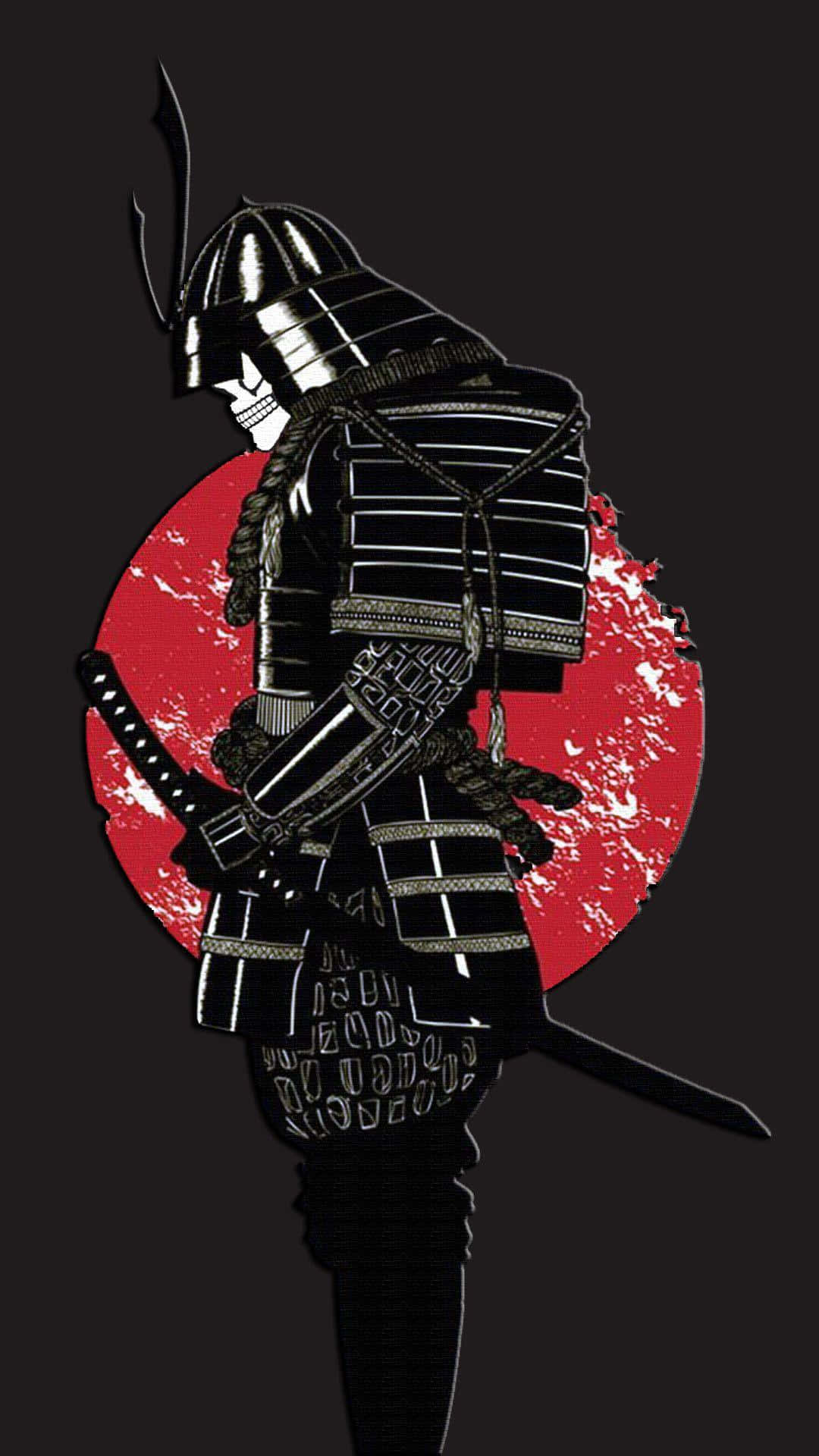 Samurai X 桌布 壁紙 — 一個風格化的武士戰士穿著黑色盔甲，在深色背景上以紋理紅日為襯托形成剪影。