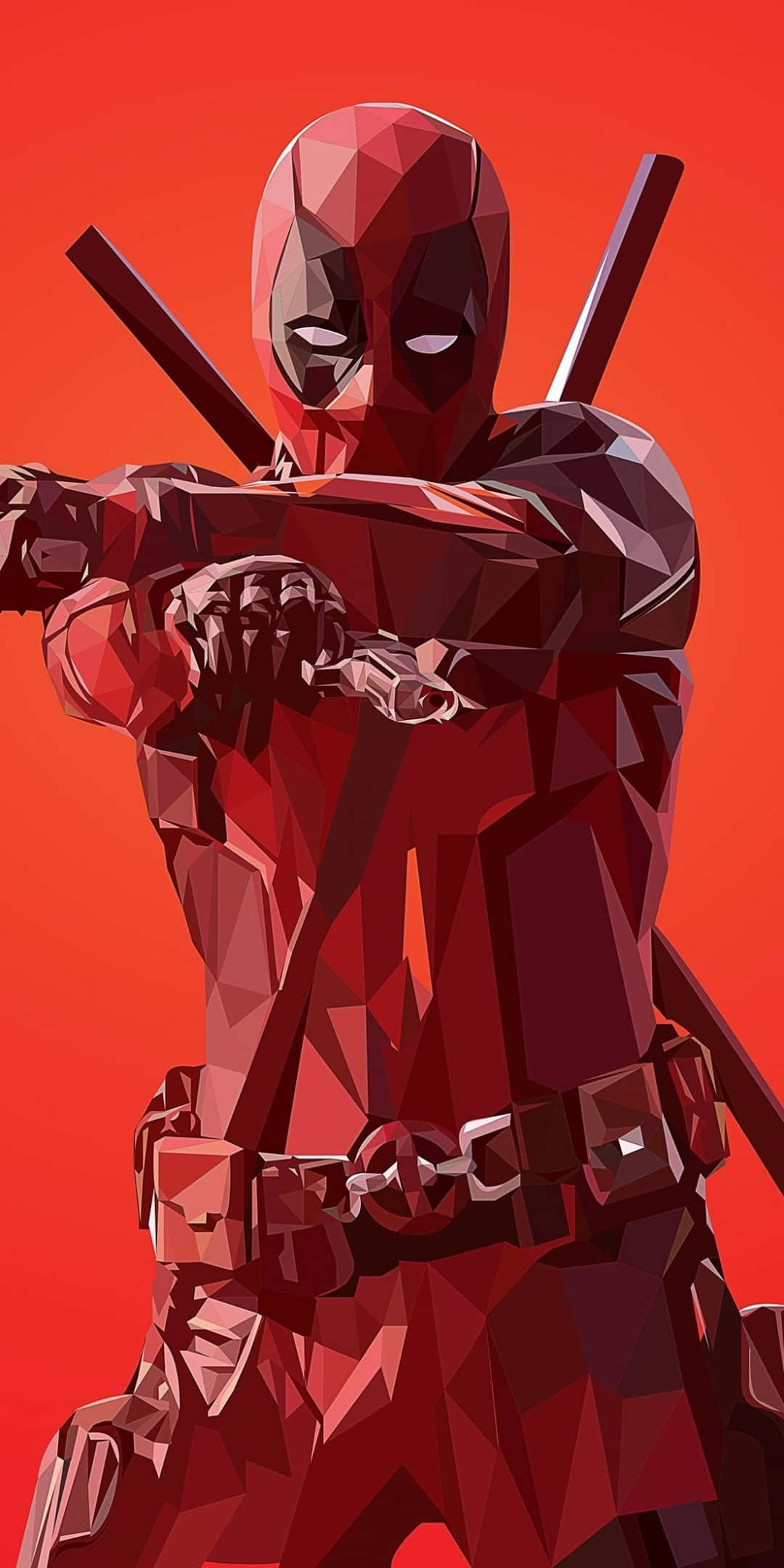 Deadpool Art 桌布 壁紙 — 一個風格化的死侍穿著紅色多邊形盔甲，在火熱的橙色背景前手持雙刀。